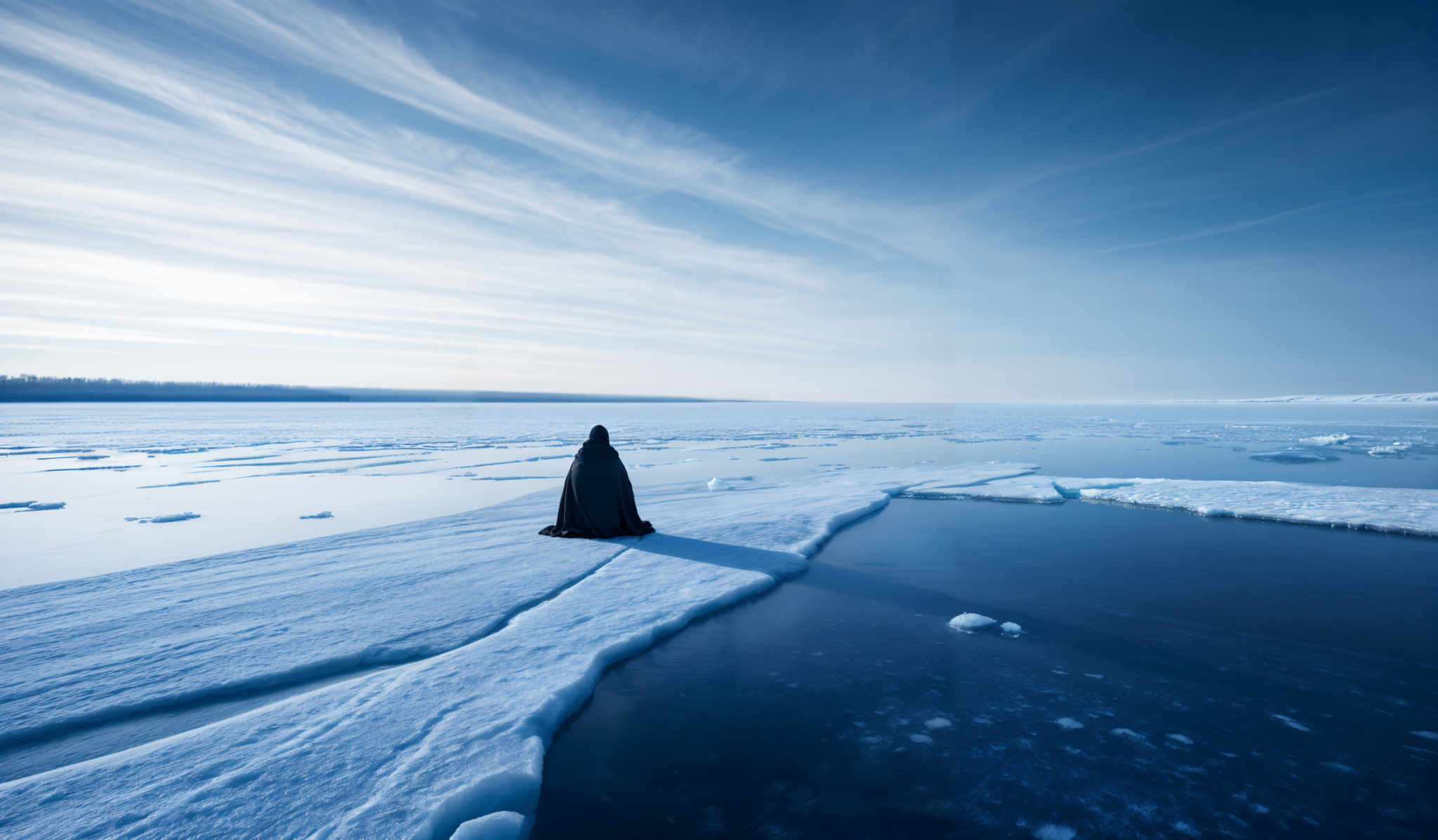 The image showcases a vast expanse of icy terrain with patches of clear water. The sky is painted in hues of blue and white, with wispy clouds stretching across it. The ice formations are irregular, with some areas appearing cracked and others smooth. A solitary figure, draped in a dark cloak, stands on one of the ice patches, gazing into the distance. The overall mood of the image is serene and contemplative.