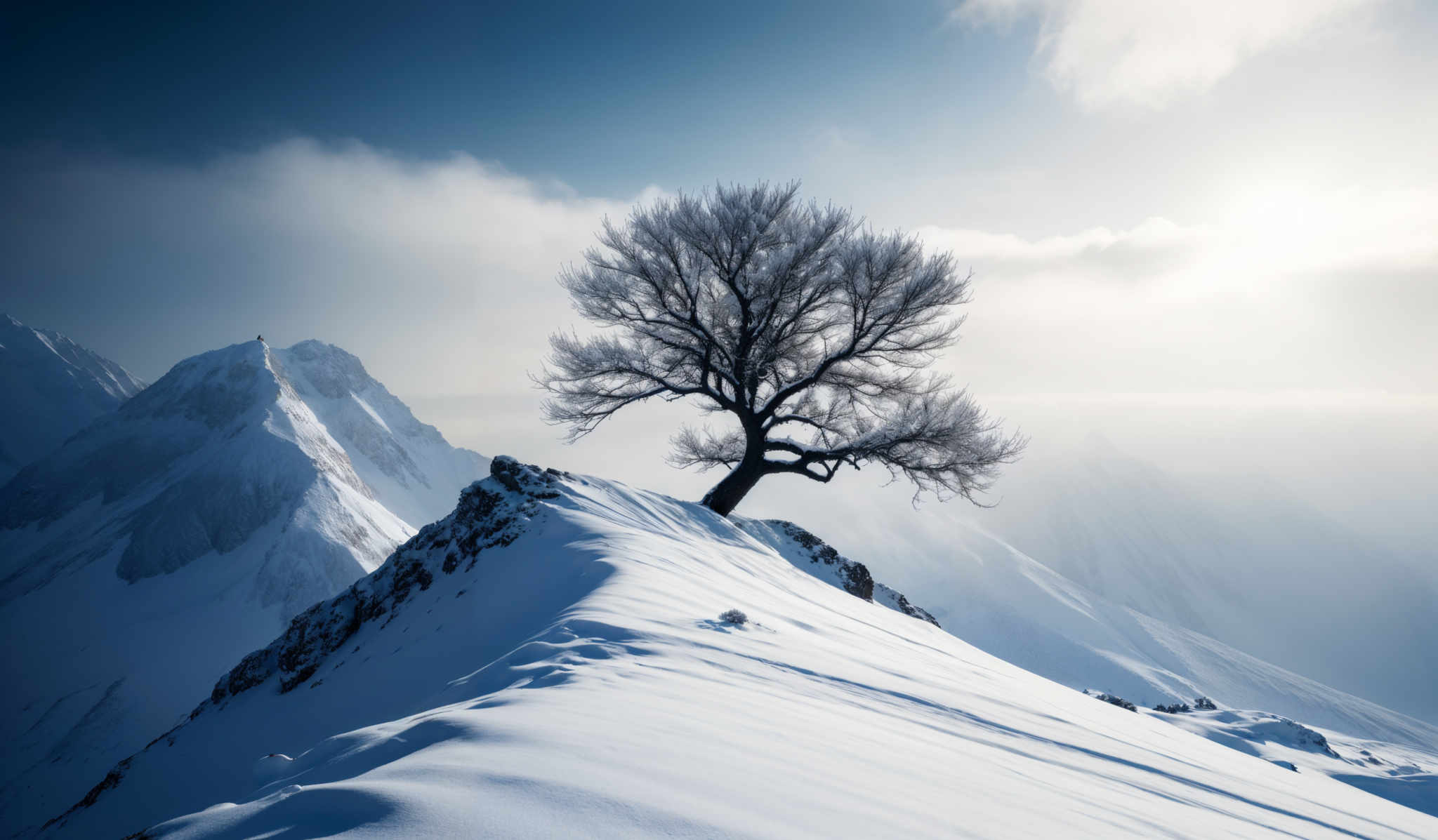 The image showcases a breathtaking snowy landscape. Dominating the foreground is a snow-covered ridge with a lone, leafless tree standing tall. The tree's branches are intricately detailed, and its silhouette is stark against the bright sky. The sky itself is a mix of deep blues and whites, with clouds partially obscuring the sun. In the background, majestic snow-capped mountains rise, their peaks glistening under the sunlight. The overall color palette is cool, with whites, blues, and grays dominating the scene.