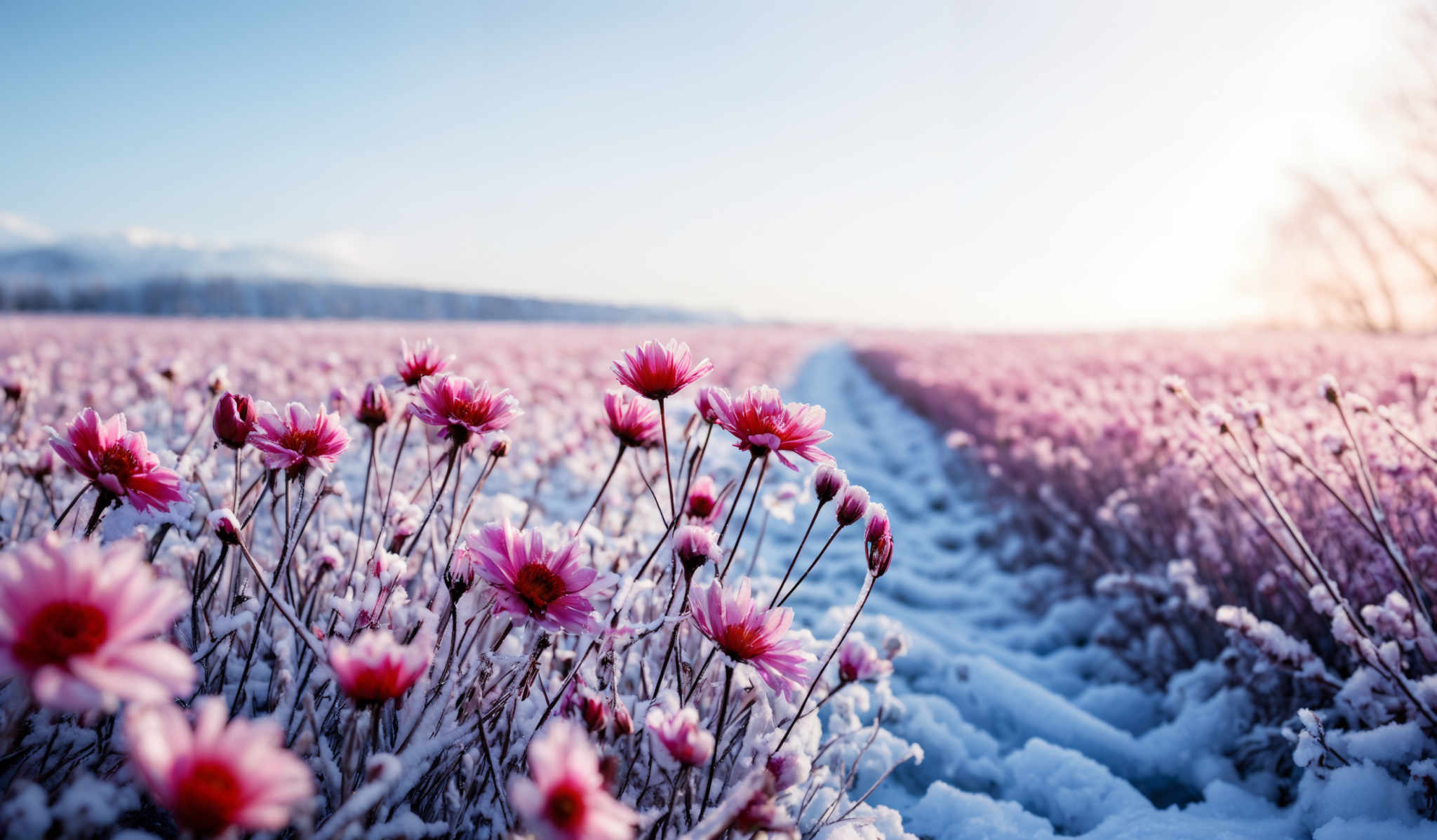 The image showcases a breathtaking landscape with a vast field covered in snow. The field is dotted with pink flowers, possibly shrimp flowers, which stand out vividly against the white snow. These flowers have a delicate, petal-like appearance with a prominent yellow center. The sky above is clear with a hint of blue, suggesting a cold yet sunny day. In the distance, there are mountains, and the sunlight seems to be casting a warm glow, creating a contrast between the cold snow and the warm sunlight.