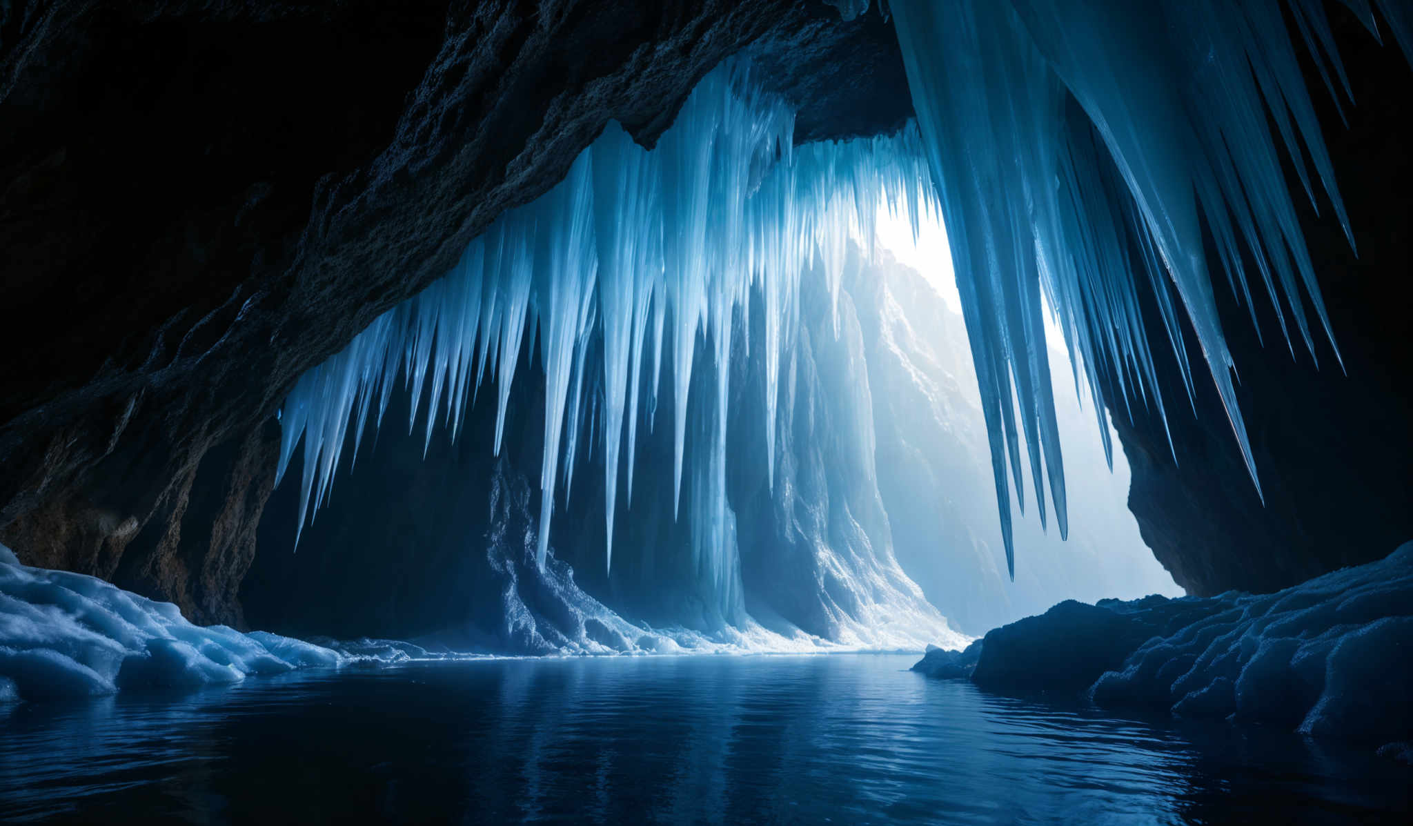 The image showcases a breathtaking view of an ice cave. The dominant colors are various shades of blue, ranging from deep navy to lighter icy blues. The cave's interior is illuminated by a soft light source, casting a serene glow on the hanging icicles and the frozen formations on the ground. The icicles hang down in long, slender, and delicate formations, creating an ethereal and otherworldly atmosphere. The ground is covered in thick ice, with some areas showing accumulated snow. The reflection of the ice formations can be seen in the still water below, adding depth and dimension to the scene.