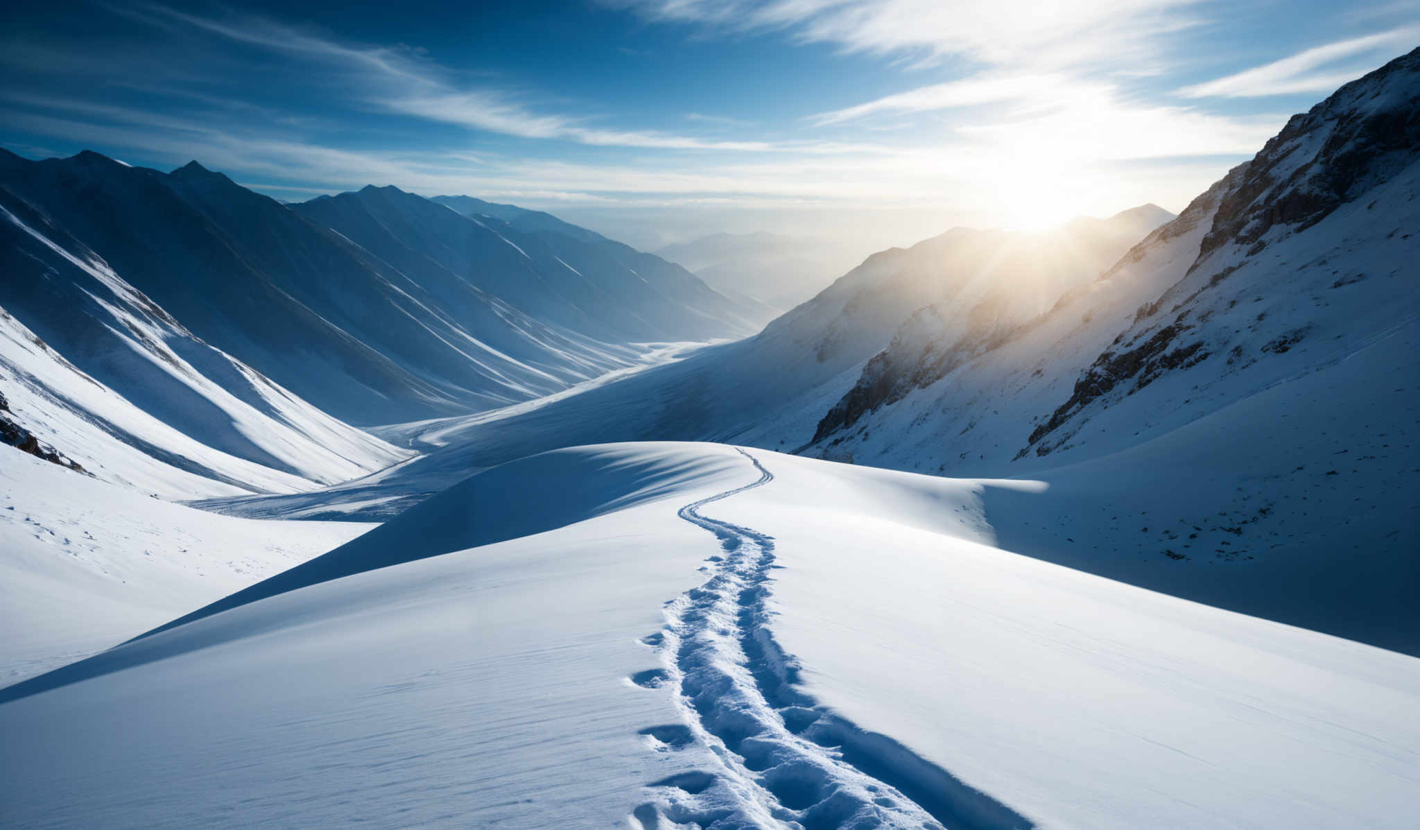 The image showcases a breathtaking snowy mountain landscape. The dominant colors are shades of white and blue, with the white representing the snow-covered mountains and valleys, and the blue representing the clear sky. The mountains have jagged peaks, and their slopes are covered in snow. A trail of footprints can be seen in the snow, leading up to the foreground. The sun is shining brightly from the right side, casting a warm glow and creating a contrast with the cold environment.