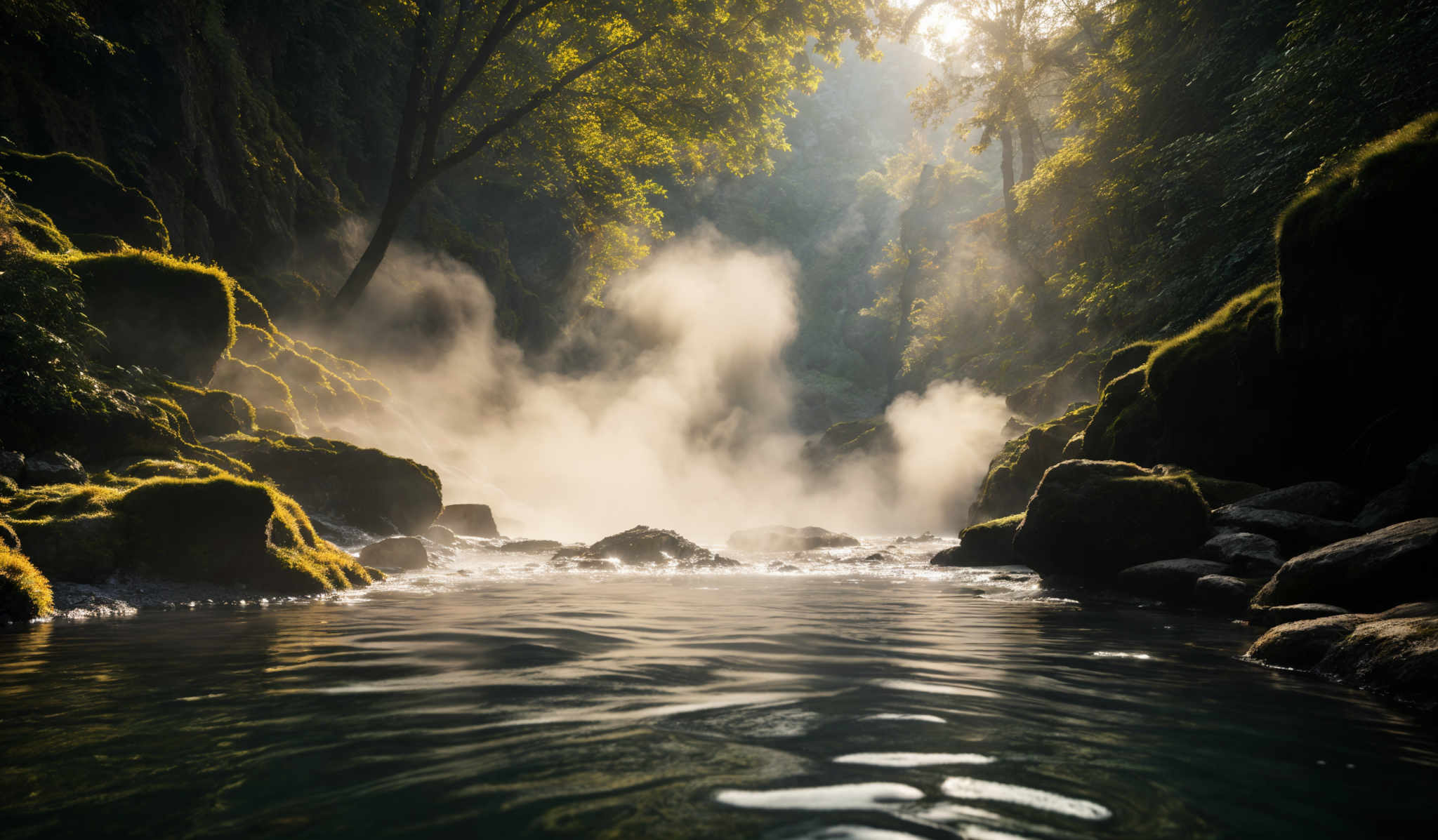 The image showcases a serene natural setting. Dominant colors include various shades of green from the moss-covered rocks and trees, and the deep blue of the water. The scene features a river or stream with clear, rippling water, surrounded by mossy rocks and boulders. Sunlight filters through the trees, casting a warm, golden hue on the mist rising from the water, creating a mystical ambiance.