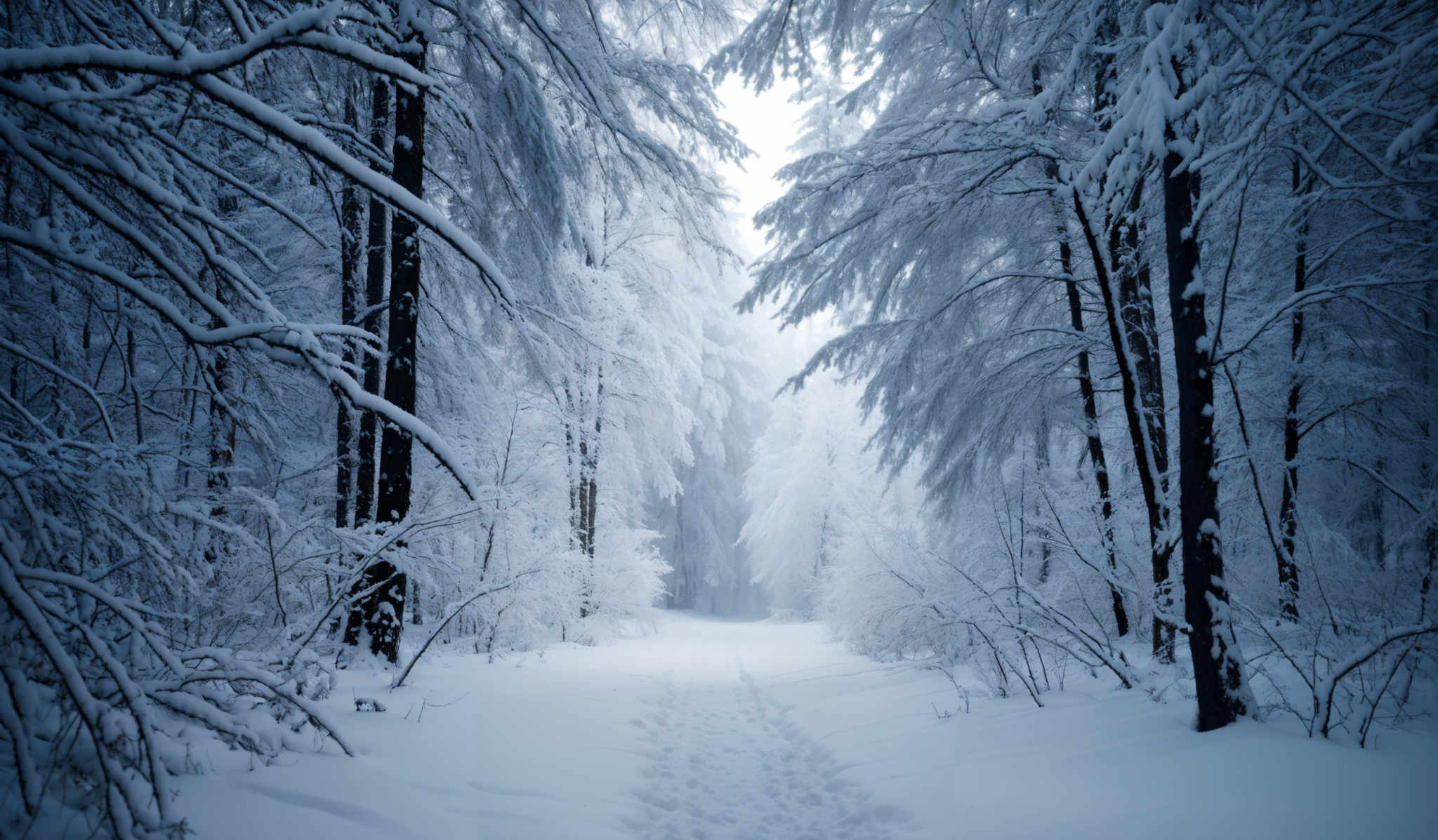 The image showcases a serene winter landscape. The dominant colors are various shades of blue and white, creating a cold and tranquil ambiance. The trees, laden with snow, have a dense and layered appearance, with branches stretching out in different directions. The ground is blanketed in a thick layer of snow, with footprints visible, suggesting recent movement. The light filtering through the trees creates a soft glow, illuminating the scene and adding depth to the image, making the snow-covered branches appear more pronounced.