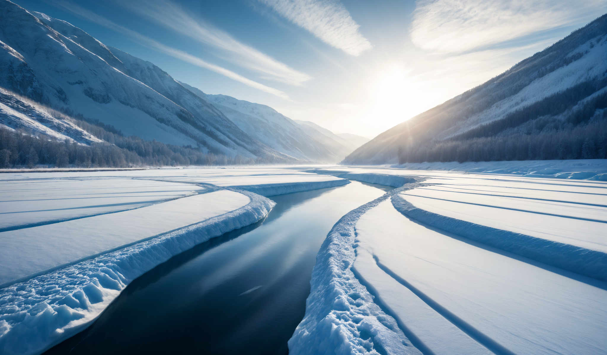 The image showcases a breathtaking winter landscape. Dominating the scene are snow-covered mountains with intricate patterns of sunlight reflecting off their surfaces. A winding river or stream cuts through the snow, reflecting the blue sky above. The water appears to be partially frozen, with icy formations lining its banks. The sky is a clear blue with wispy white clouds, and the sun is shining brightly, casting a warm glow over the scene.