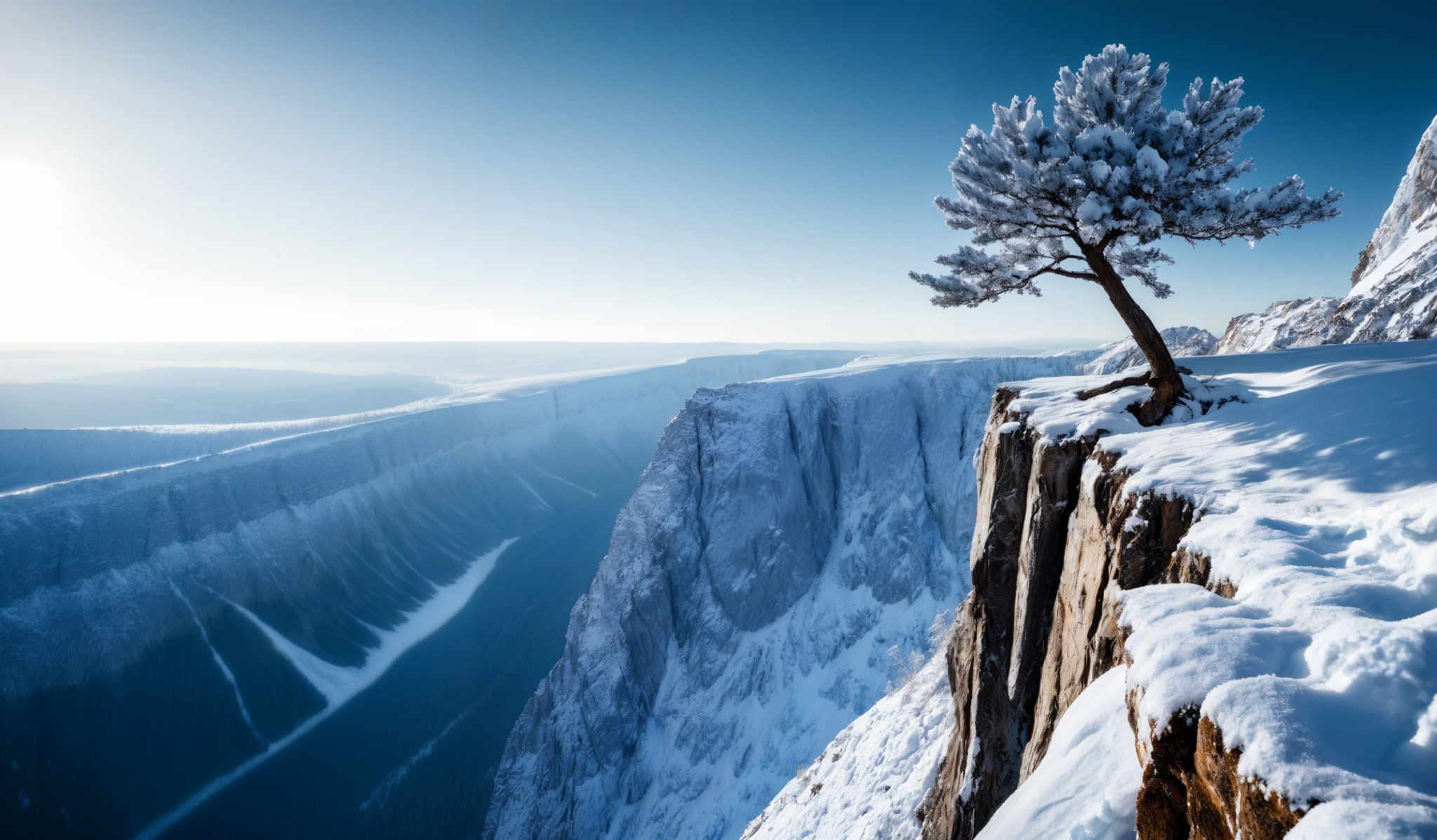 The image showcases a breathtaking winter landscape. Dominating the foreground is a rugged cliff edge, covered in thick snow. Perched on the edge of this cliff is a lone tree, its branches laden with snow, casting a stark contrast against the blue sky. The sky itself is a gradient of light blue, transitioning to a deeper shade towards the horizon. Below the cliff, a deep chasm or canyon is visible, with steep, snow-covered walls. The chasm is surrounded by a vast expanse of snow-clad plains, and in the distance, a hint of a forest can be seen. The overall color palette is dominated by whites and blues, with the tree serving as a focal point.