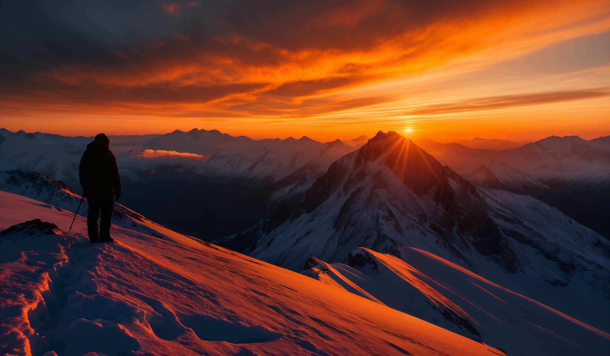 The image showcases a breathtaking view of a mountainous landscape during sunset. The sky is painted with hues of orange, red, and purple, with the sun setting on the horizon, casting a golden glow over the snow-covered peaks. The mountains have sharp, jagged edges, and their slopes are blanketed in snow. The foreground features a silhouette of a person standing on a snowy ridge, looking out over the vast expanse of the mountains. The person appears to be wearing a backpack and is holding a walking stick, suggesting they might be a hiker or mountaineer.