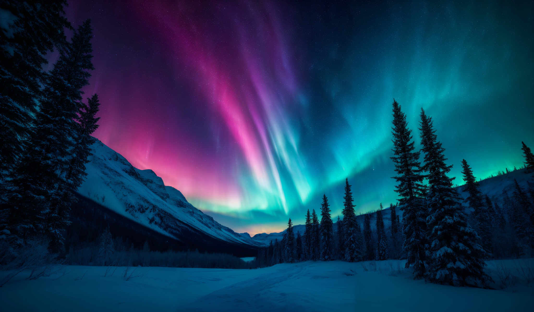 The image showcases a breathtaking view of the Northern Lights, also known as the Aurora Borealis. These natural light displays are characterized by vibrant colors ranging from deep blues and purples to fiery reds and pinks. The shape of the Auroras in this image is curvilinear, flowing gracefully across the night sky. Below the sky, there's a snow-covered landscape with tall, dense pine trees. The mountains in the background are partially covered in snow, and the entire scene is illuminated by the ethereal glow of the auroras.