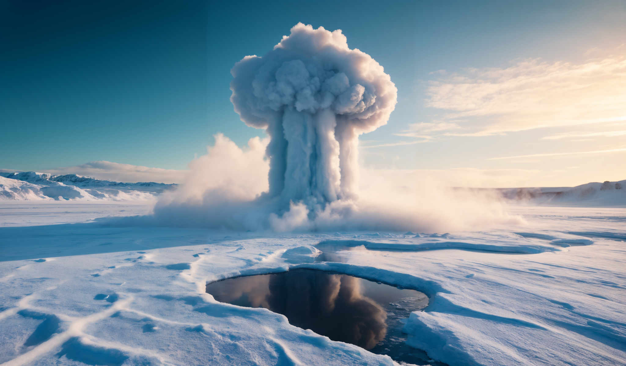 The image showcases a vast snowy landscape with mountains in the background. Dominating the center is a large, majestic eruption of steam or smoke, rising high into the sky. The eruptions are surrounded by a misty aura, and there's a reflection of the eruction in a nearby body of water. The sky is clear with a hint of clouds, and the sun casts a warm glow, illuminating the snowy terrain.