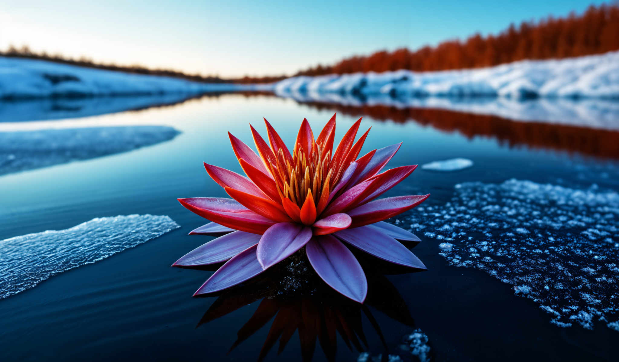 The image showcases a vibrant red and pink lotus flower with multiple petals, placed on a calm body of water. The flower's center is yellow, and it has a sharp, pointed tip. The water reflects the flower and the surrounding environment, creating a mirror-like effect. There are small ice patches visible on the water's surface, indicating that the water might be cold or that the scene is set during a transitional season like autumn or winter. In the background, there's a serene landscape with trees, some of which are covered in snow, and a clear blue sky.