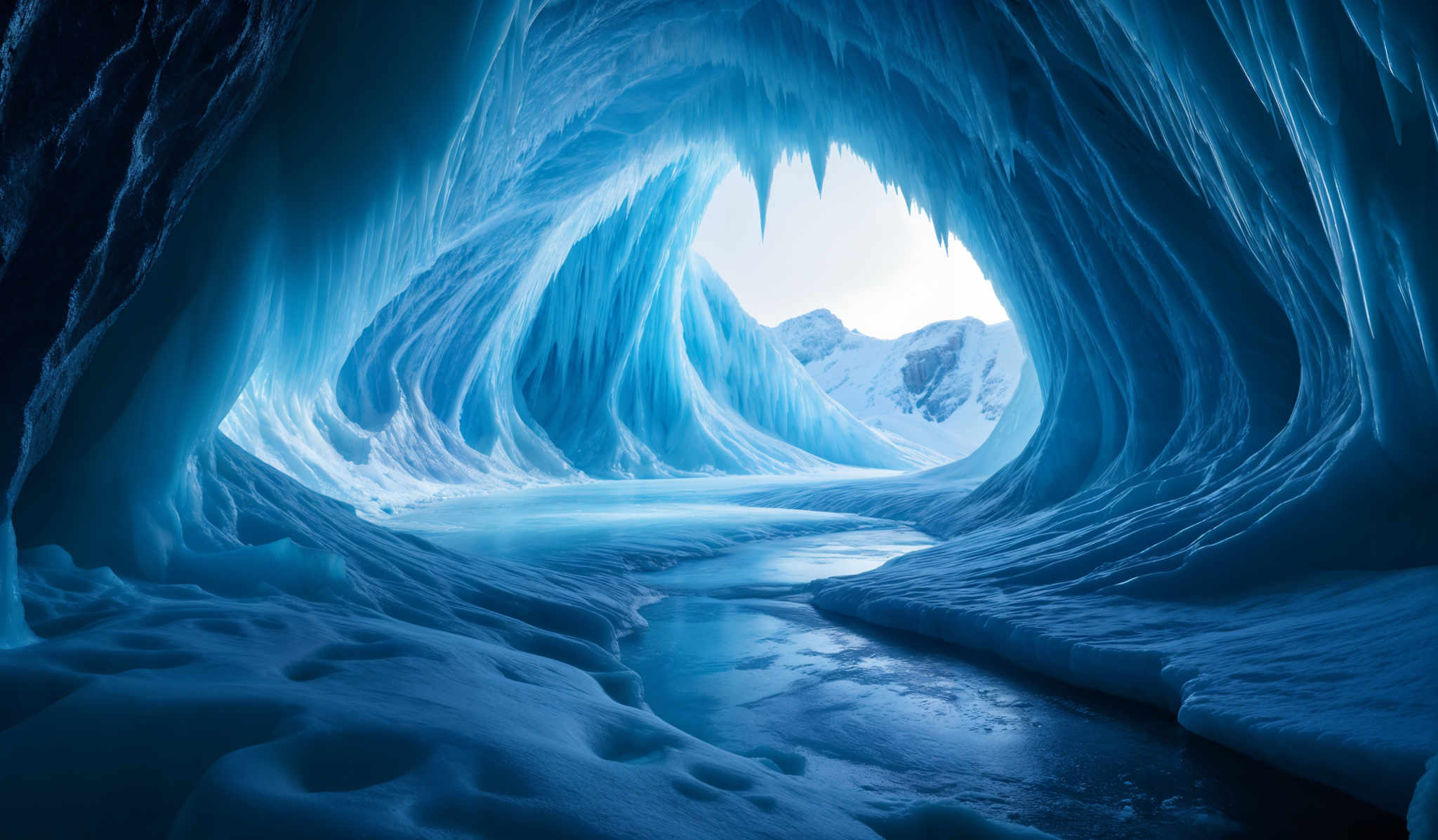 The image showcases a breathtaking view of an ice cave. The dominant color is a deep shade of blue, which gives the cave a serene and cold ambiance. The ice formations are intricate, with cascading icicles hanging from the ceiling and flowing icicles on the walls. The cave's interior is illuminated by a soft light, revealing a smooth, icy floor with some areas covered in snow. Through an opening in the cave, one can see snow-covered mountains in the distance, bathed in a soft glow.