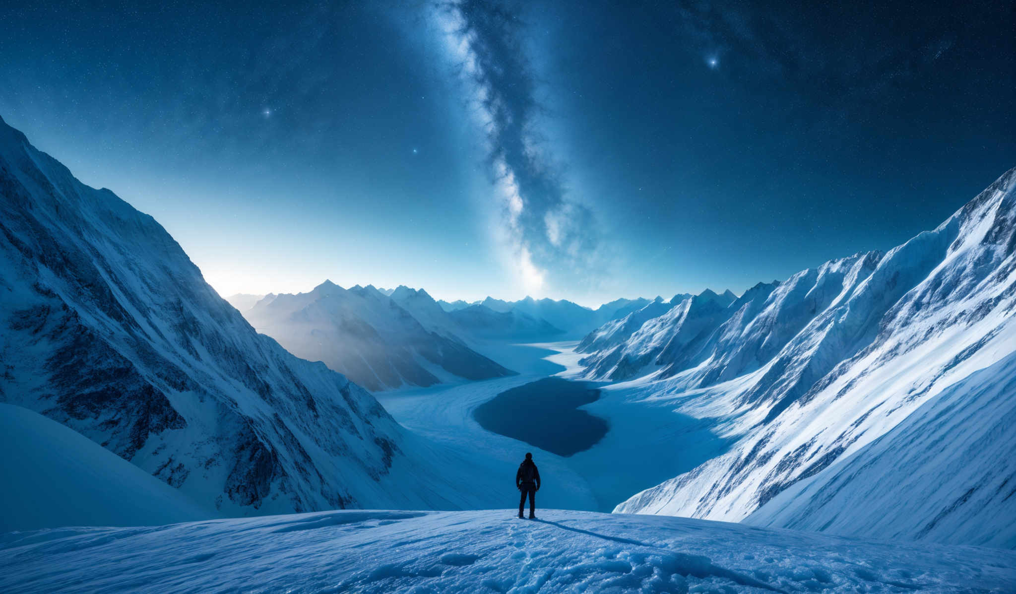 The image showcases a breathtaking landscape of snow-covered mountains with sharp peaks. The sky is a deep blue, dotted with stars and the Milky Way galaxy, which stretches vertically across the frame. A silhouette of a person stands on a snowy ridge, overlooking the vast expanse of the valley below. The person's presence adds a sense of scale and wonder to the scene.