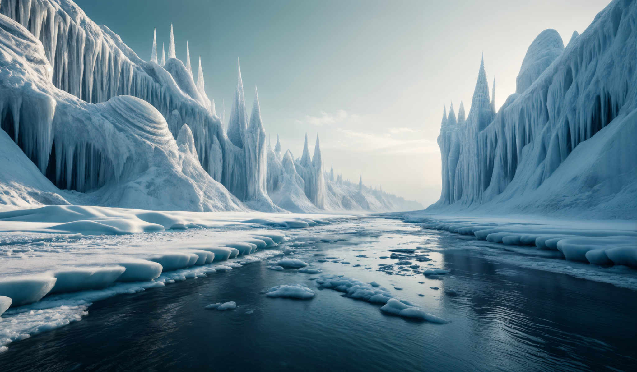 The image showcases a breathtaking icy landscape. Dominating the scene are tall, jagged ice formations that resemble both natural icebergs and architectural spires. These formations are predominantly white, with intricate patterns and textures, suggesting the passage of time and the forces of nature at work. The ground is covered in thick ice and snow, with some areas showing melted ice forming small puddles. A serpentine river or stream flows through the center, its surface partially frozen, with chunks of ice floating on it. The sky above is clear, allowing the blue hues to shine through, which contrasts beautifully with the white of the ice.