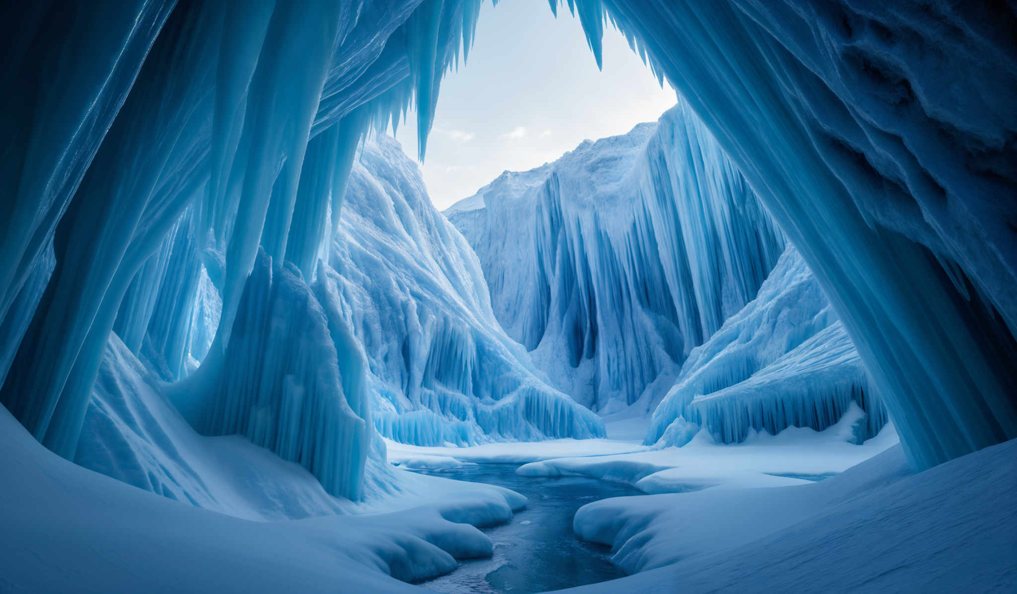 The image showcases a breathtaking view of an ice cave. The dominant color is a deep shade of blue, which gives the cave a serene and cold ambiance. The ice formations are tall and slender, resembling icicles hanging from the ceiling. The walls of the cave are made of layered ice, showcasing different shades of blue and white, indicating varying thickness and density. The floor is covered in snow, and there's a small stream of water flowing through, reflecting the blue hues of the ice. The overall shape of the cavern is arched, with the ice forming an natural tunnel-like structure.