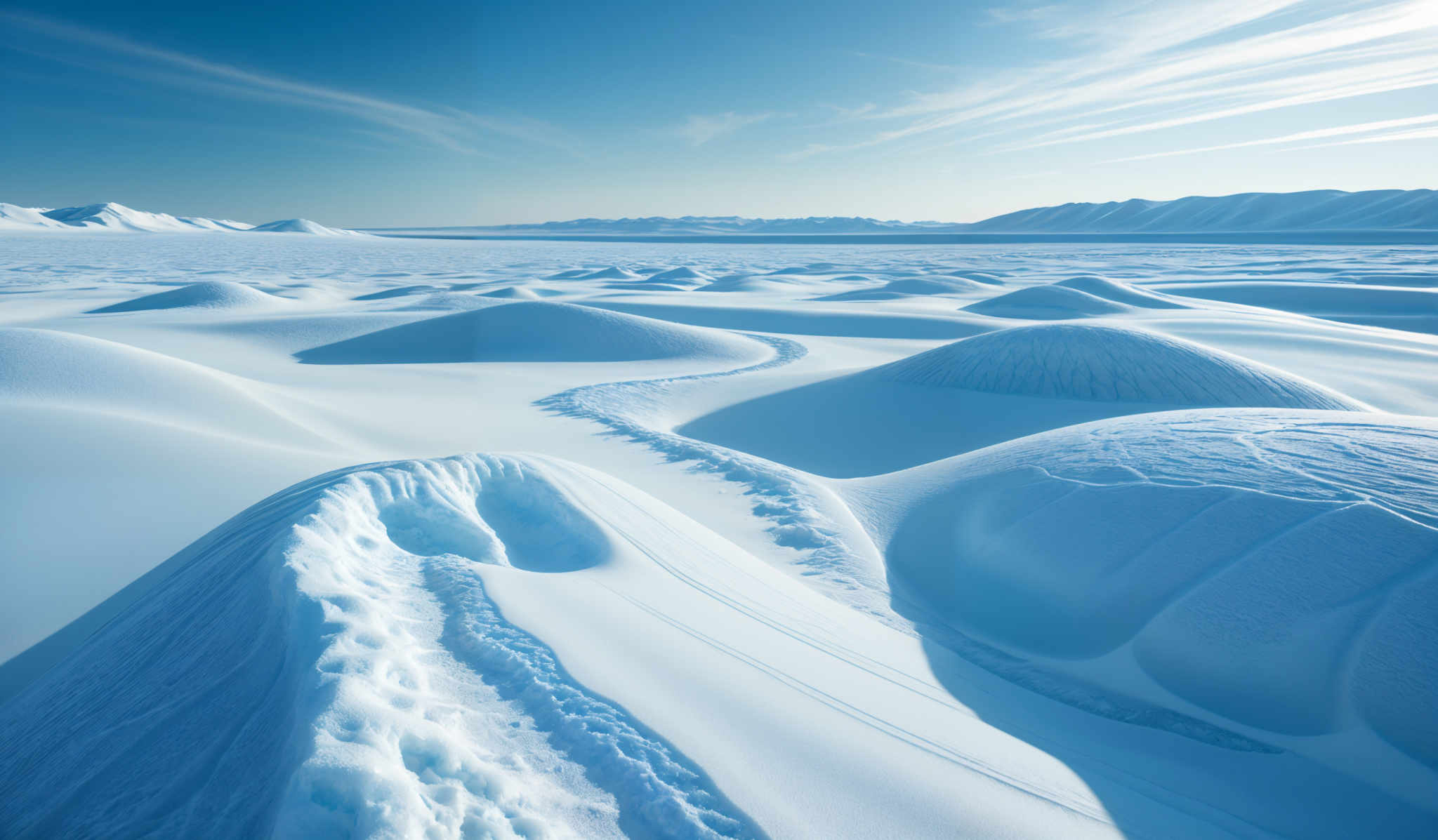 The image showcases a breathtaking snowy landscape. The dominant colors are various shades of blue, from the deep blue of the shadows to the bright, almost white blue of sunlit areas. The landscape is characterized by undulating snow-covered mounds and dunes, with intricate patterns carved into the snow by wind and possibly water. The sky above is clear with a few wispy clouds, and the horizon reveals distant mountains.