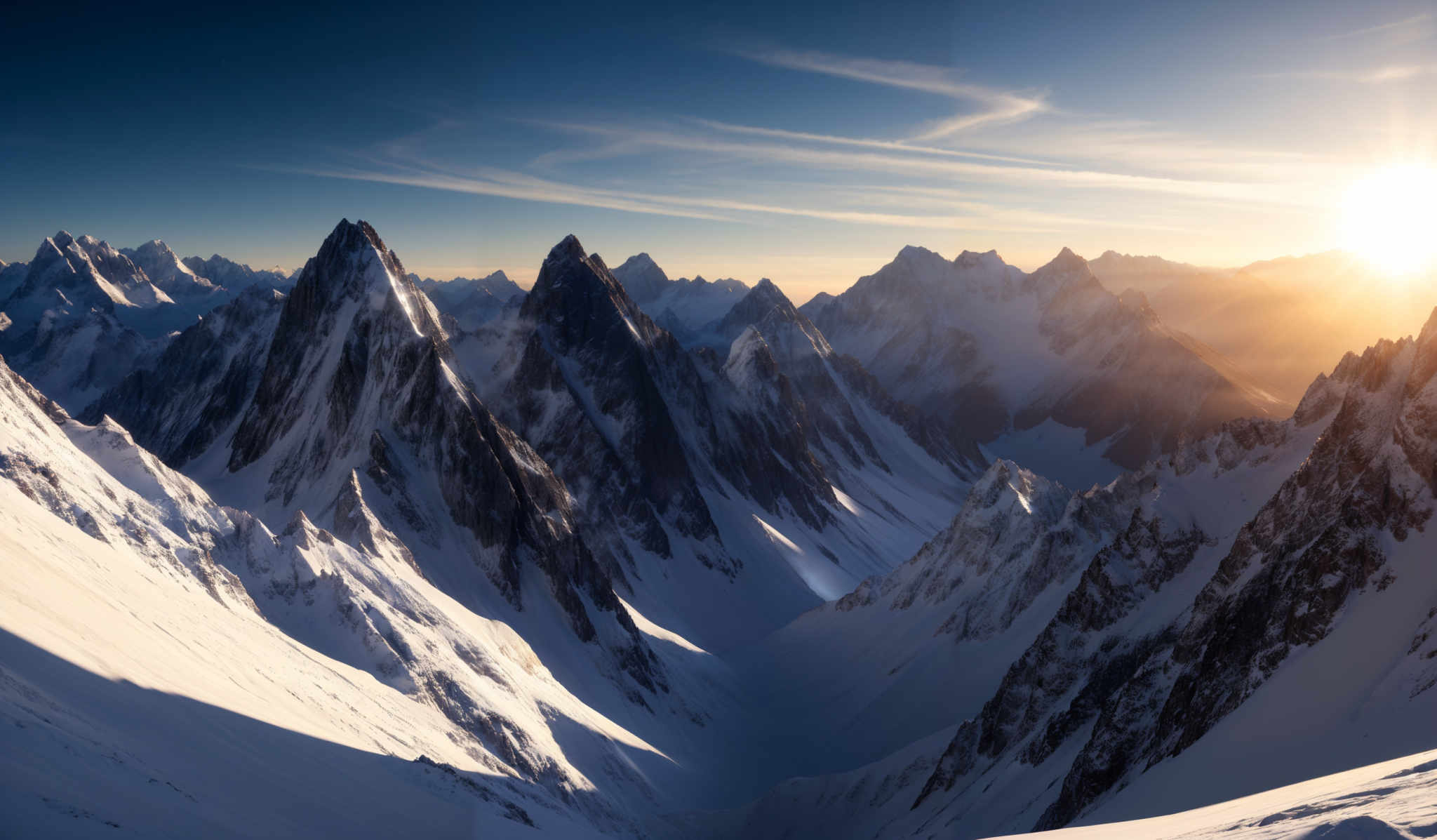 The image showcases a breathtaking mountainous landscape during what appears to be sunrise or sunset. The dominant colors are shades of blue, white, and gold. The jagged peaks of the mountains are covered in snow, and their sharp edges contrast with the soft, golden hues of the sunlight. The sky is painted with a gradient of colors, transitioning from deep blue at the top to a warm golden yellow near the horizon. Wispy clouds float above, further enhancing the ethereal beauty of the scene.