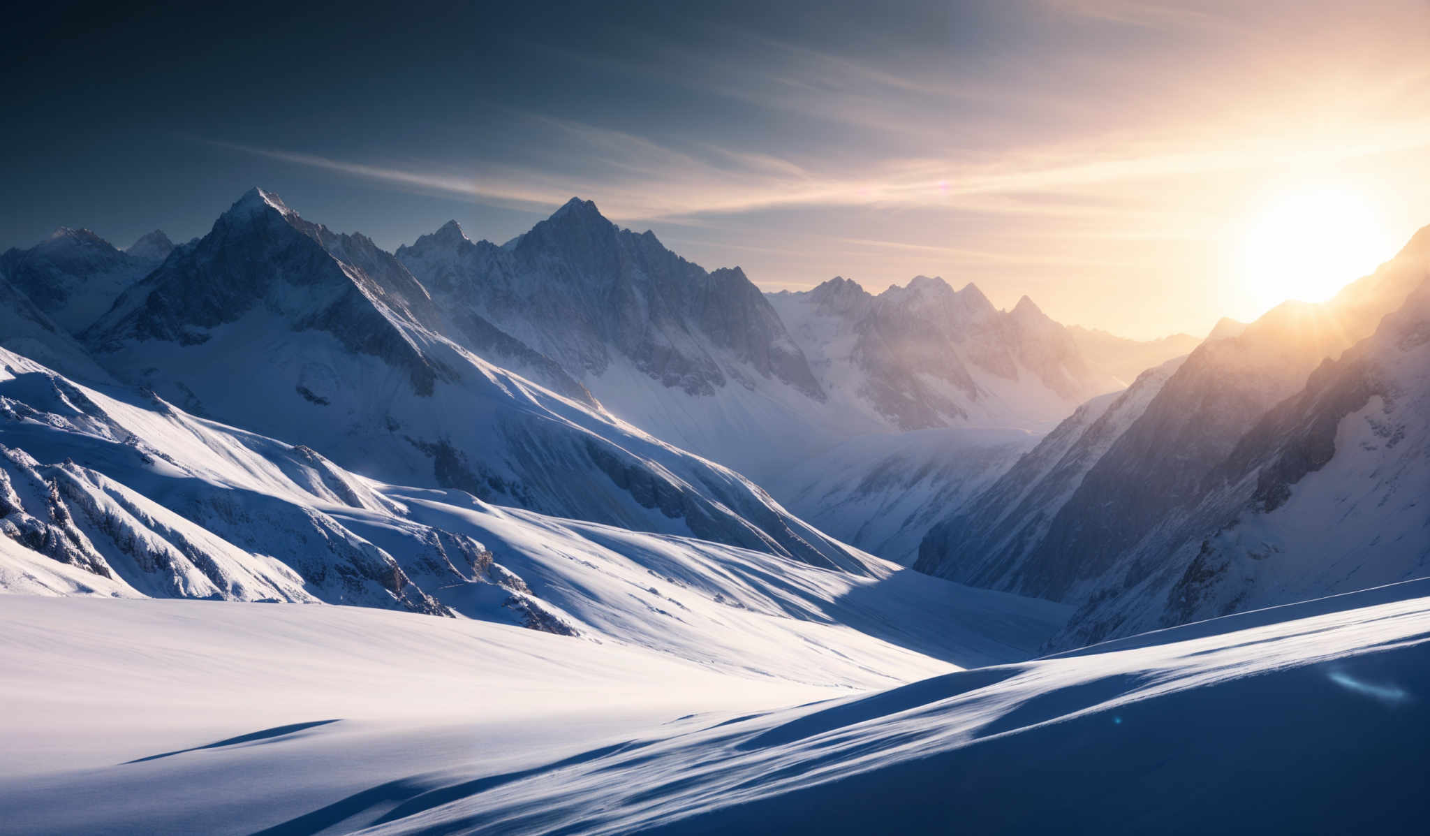 The image showcases a breathtaking mountainous landscape during what appears to be sunrise or sunset. The dominant colors are shades of blue, white, and gold. The mountains are rugged with sharp peaks, and they are blanketed in snow. The sun casts a golden hue over the scene, illuminating the snow and creating dramatic shadows on the mountain faces. The sky is a gradient of deep blue to lighter shades, with wispy clouds scattered around.