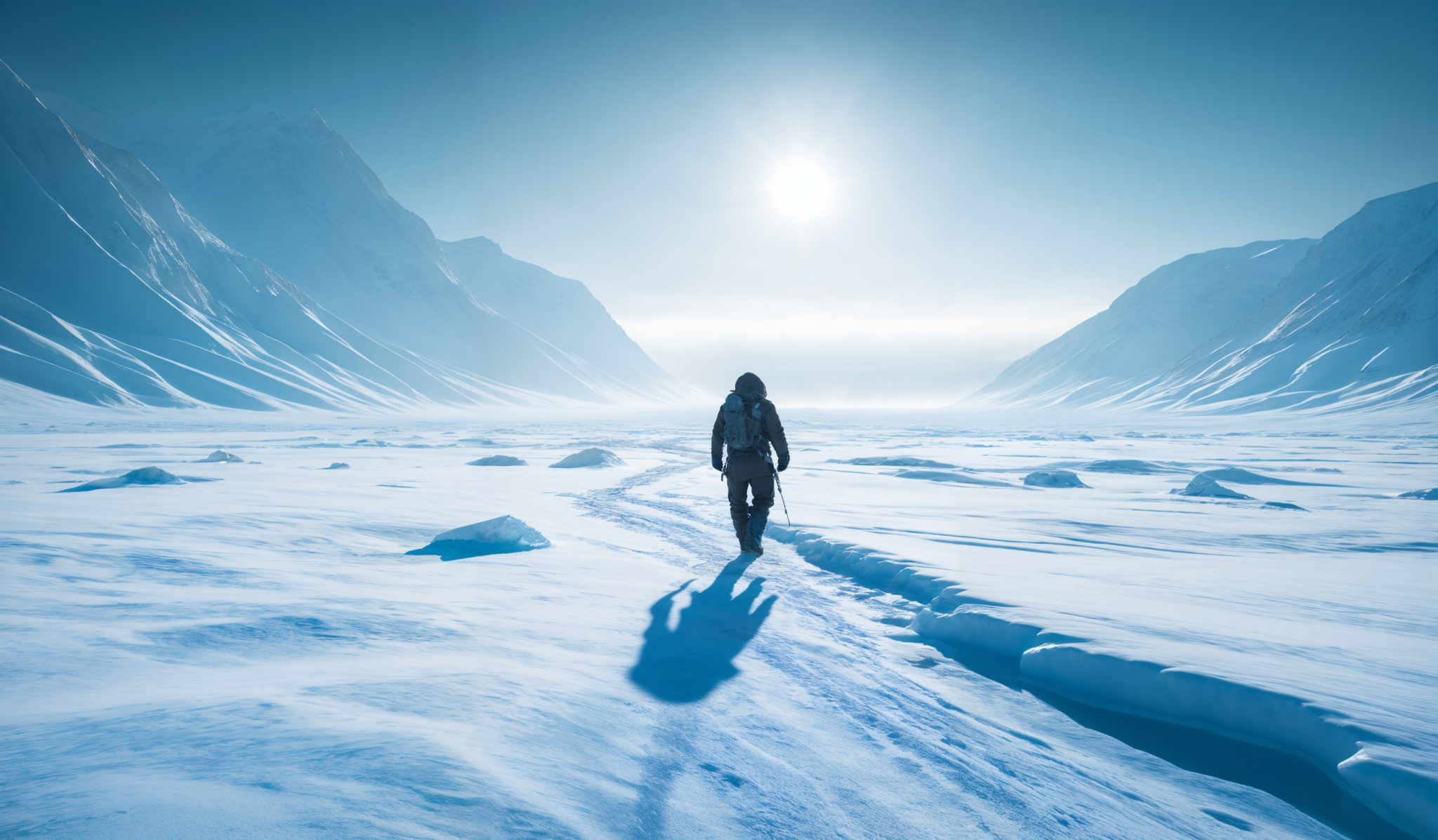 The image showcases a vast, icy landscape dominated by snow-covered mountains and a clear blue sky. The mountains have sharp, jagged peaks, and their slopes are blanketed in white snow. The sun is shining brightly, casting a radiant glow over the scene. In the foreground, there's a lone figure, presumably an explorer or adventurer, walking on a pathway made of compacted snow. This individual is wearing a backpack and appears to be trekking through the icy wilderness. The overall mood of the image is serene, yet awe-inspiring, capturing the majesty and beauty of nature.