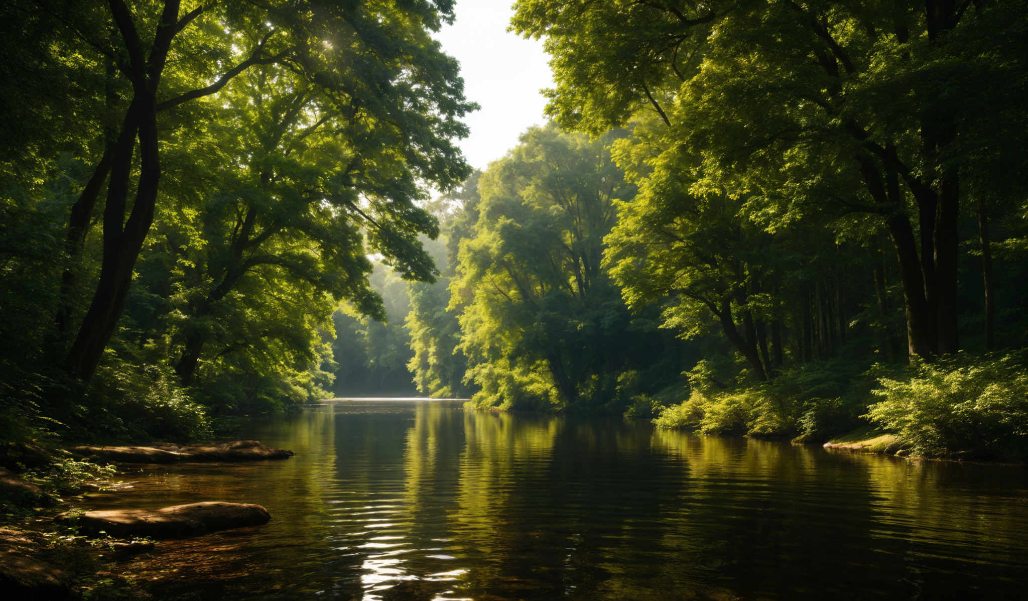 The image showcases a serene forest scene with tall, dense trees on both sides. The trees have a rich green hue, indicating they are in full foliage. The forest appears to be a mix of deciduous and evergreen trees. The ground is lush with green underbrush and ferns. A calm river or stream flows through the center of the image, reflecting the surrounding trees and the sky. The water is clear, allowing for a mirror-like reflection. Sunlight filters through the canopy, casting dappled light on the forest floor and creating a peaceful ambiance.