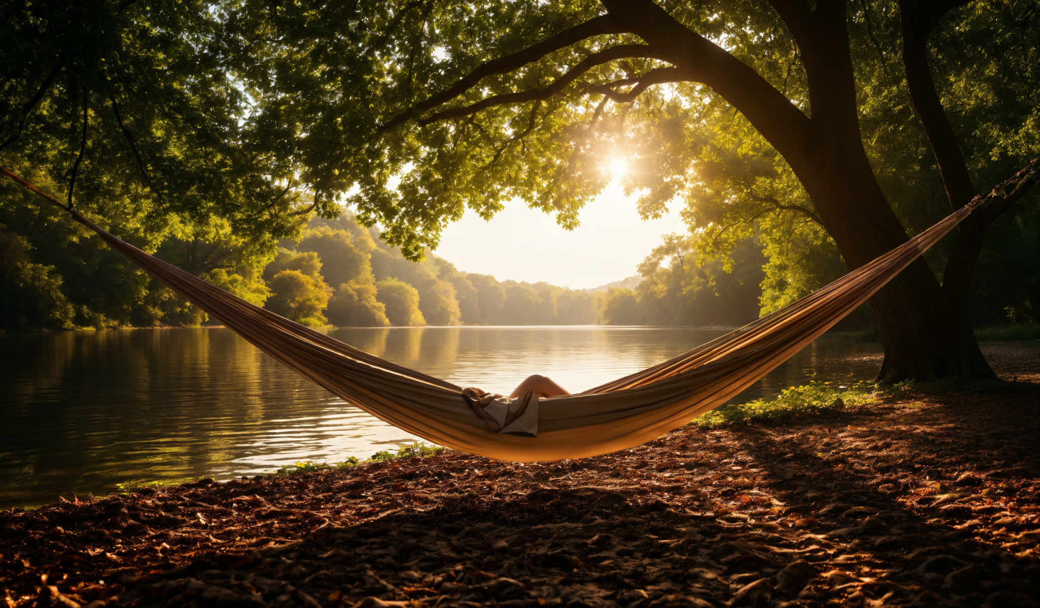 The image showcases a serene natural setting with a calm river reflecting the surrounding greenery. Dominating the foreground is a hammock, suspended between two trees, with its edges resting on the ground covered in fallen leaves. The hammocrossed person's legs are visible, suggesting they are relaxing inside the hammok. The trees surrounding the river are dense with lush green leaves, and the sunlight filtering through creates a warm, golden hue. The river's surface is relatively still, with only minor ripples, and it mirrors the trees and the sky above.