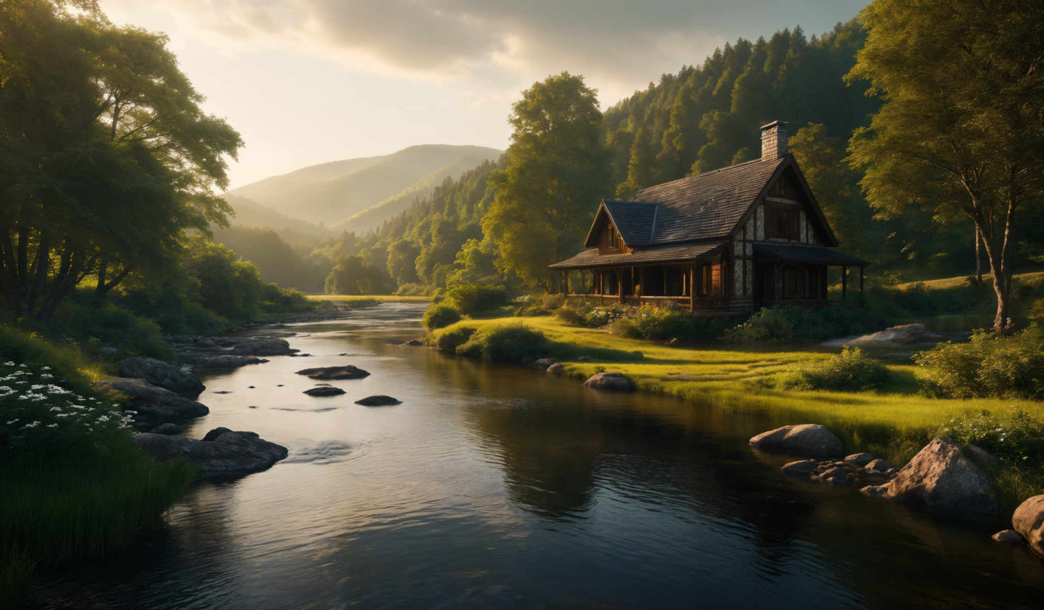 The image showcases a serene landscape with a variety of colors. Dominant hues include the green of the trees and grass, the blue of the sky and water, and the brown of the wooden house and rocks. The trees are tall and lush, with their canopies filtering the sunlight, creating a dappled effect on the ground below. The water in the foreground is calm, reflecting the surrounding scenery. The house, nestled among the trees, has a traditional design with a sloping roof, and it's surrounded by well-maintained gardens and greenery. In the background, there are majestic mountains, partially covered in mist, and a clear sky with a few scattered clouds.