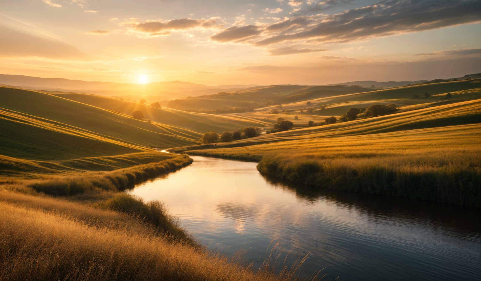 The image showcases a breathtaking landscape during sunset. The dominant colors are warm hues of orange, gold, and yellow from the setting sun, contrasted with the cooler blues and greens of the surrounding environment. The landscape is characterized by rolling hills and lush green fields, with a serene river winding its way through the middle. The sun casts long shadows, highlighting the undulating terrain. The sky is painted with a mix of clouds, some reflecting the golden light while others remain in shades of blue.