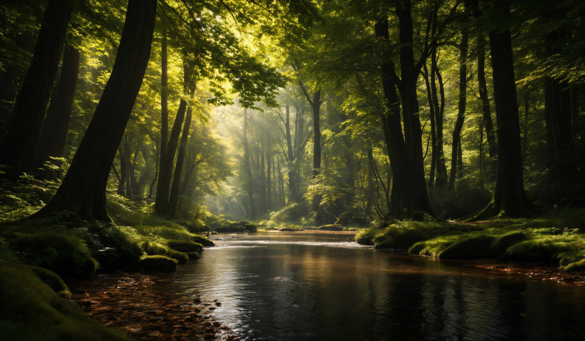 The image showcases a serene forest scene with tall, slender trees whose trunks are dark and prominent. The foliage is a lush green, with leaves varying in size and shape, some of which are illuminated by sunlight filtering through the canopy, casting a warm, golden hue. The forest floor is covered with moss and small plants, and there's a calm, reflective stream flowing through the scene. The water is clear, allowing us to see the stones beneath it. The overall ambiance is tranquil and peaceful, with the play of light and shadow adding depth and dimension to the scene, creating a sense of wonder and connection with nature.