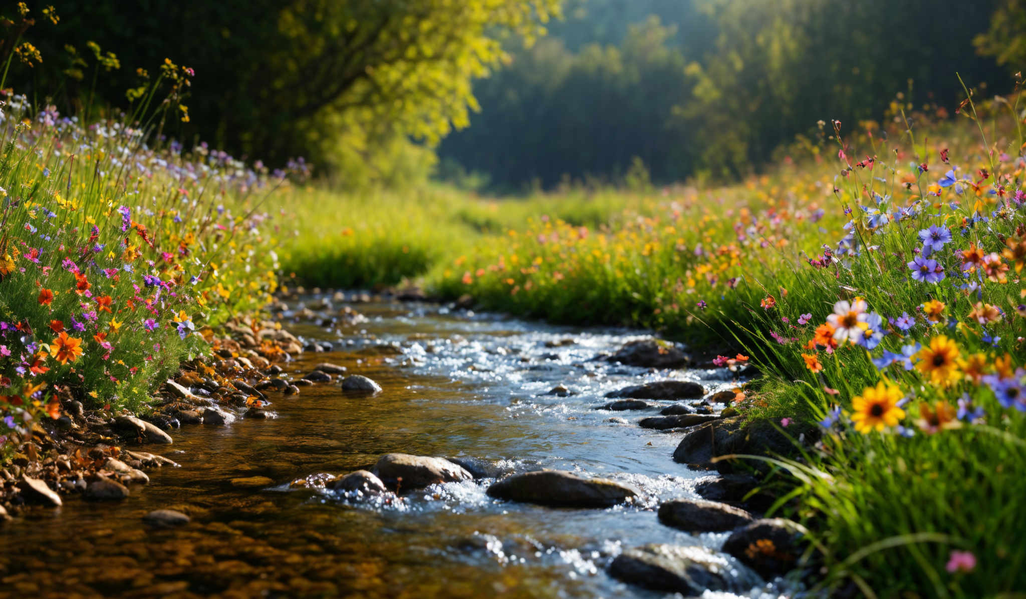 The image showcases a serene natural landscape. The dominant colors are green from the grass and trees, and a myriad of colors from the flowers, including purples, pinks, yellows, and blues. The stream is characterized by clear, flowing water with small rocks scattered along its bed. The flowers are densely packed along the banks of the stream, creating a vibrant contrast against the greenery. The background reveals a forest or wooded area, bathed in soft sunlight, creating an ethereal glow.