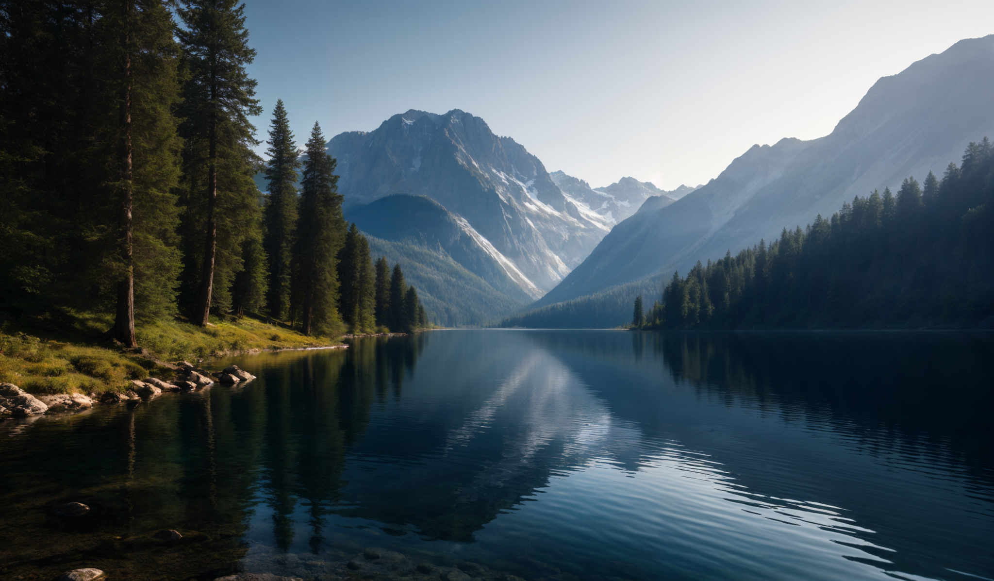 The image showcases a serene landscape with a clear blue sky overhead. In the foreground, there's a calm lake reflecting the sky and surrounding scenery. The lake's edge is lined with tall, green pine trees. Beyond the trees, majestic mountains rise, with some of their peaks covered in snow. The mountains are mirrored in the lake'S water, creating a symmetrical view. The sunlight casts a soft glow on the mountains and trees, highlighting their details.