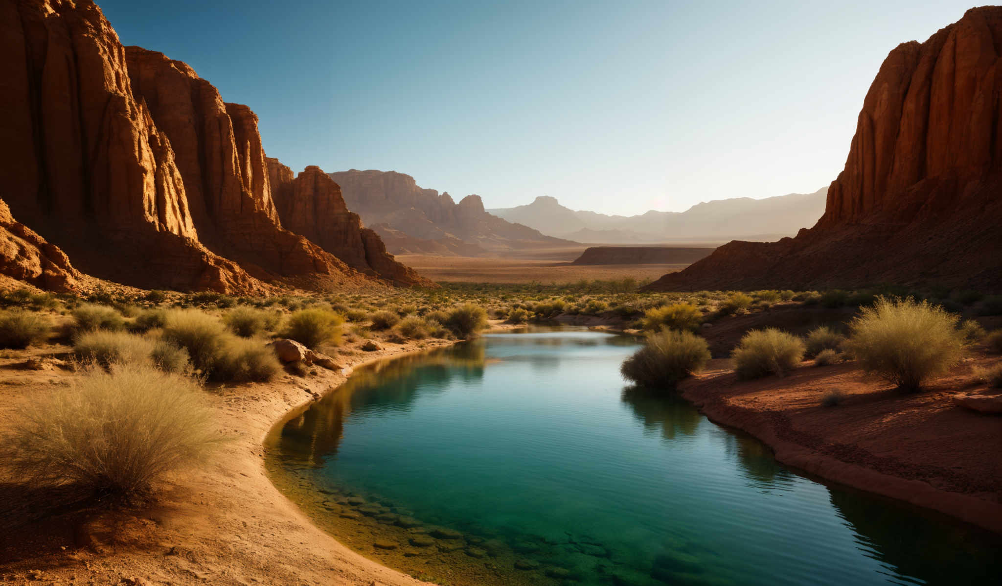 The image showcases a breathtaking landscape dominated by towering red rock cliffs on either side. The cliffs are characterized by their rugged texture and vertical orientation. In the middle, there's a serene body of water reflecting the blue sky above. Surrounding the water are tufts of green shrubs and bushes, adding a touch of color and life to the scene. The background reveals a vast expanse of arid plains leading up to a range of distant mountains.