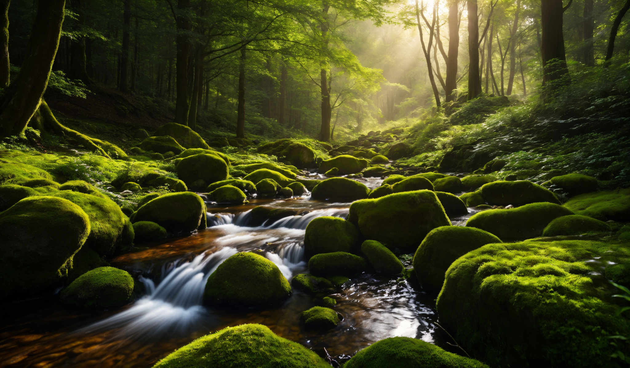 The image showcases a serene forest scene with a gentle stream flowing over moss-covered rocks. The dominant colors are various shades of green, representing the dense foliage of the trees and the mossy stones. The trees have tall, slender trunks and their canopies are dense, allowing only a few rays of sunlight to penetrate through, creating a soft, ethereal glow. The stream is characterized by its clear, flowing water cascading over the mounds of moss, creating small white waterfalls. The overall ambiance of the image is tranquil and untouched, evoking a sense of peace and connection with nature.