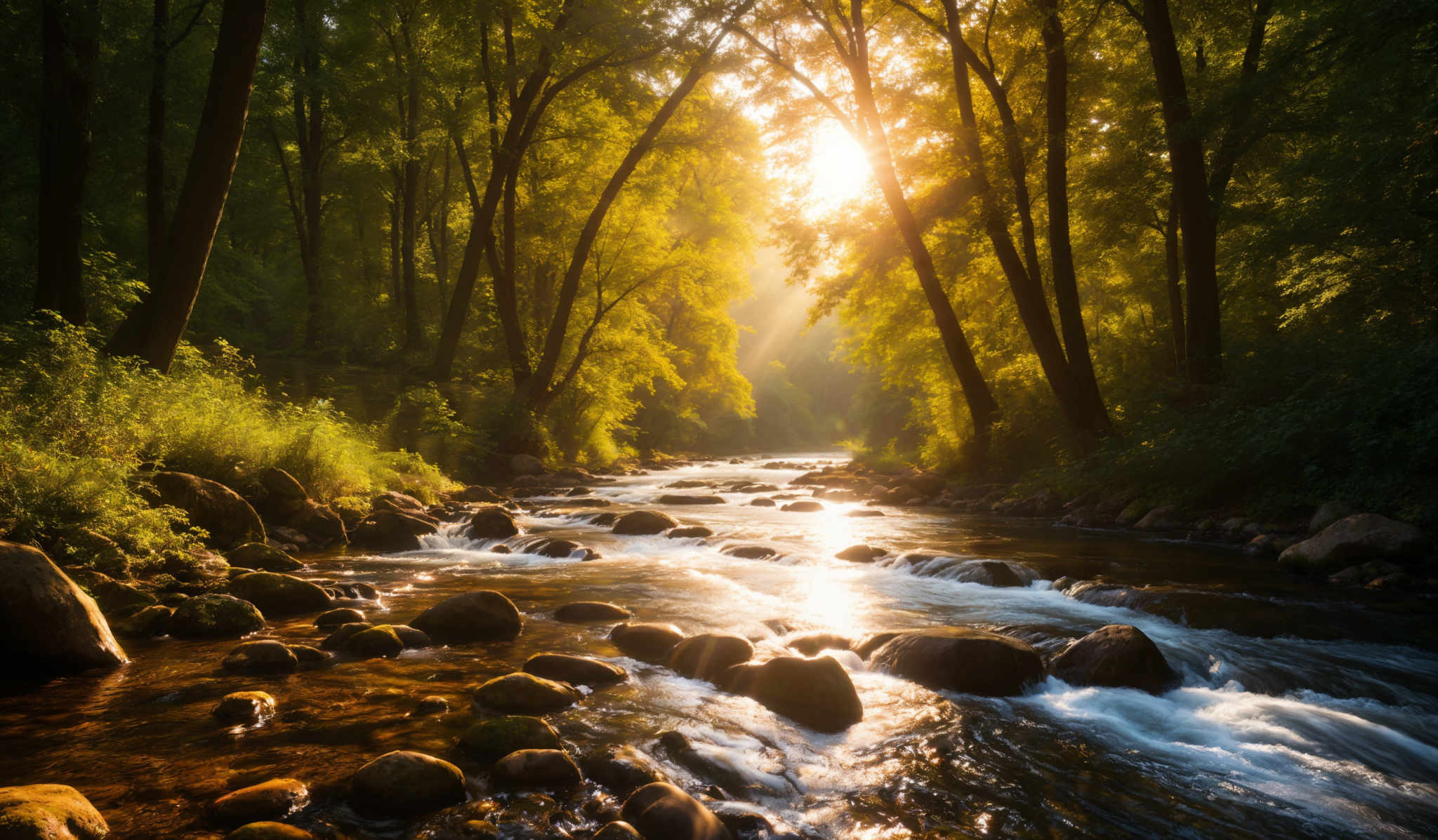 The image showcases a serene forest scene during what appears to be early morning or late afternoon. The sun's rays pierce through the dense canopy of tall trees, casting a warm golden hue over the landscape. The forest floor is lined with smooth, rounded stones, and a gentle stream flows over them, creating small white foamy waves. The trees have a rich green color, indicating they are in full foliage. The overall ambiance of the image is tranquil and peaceful.