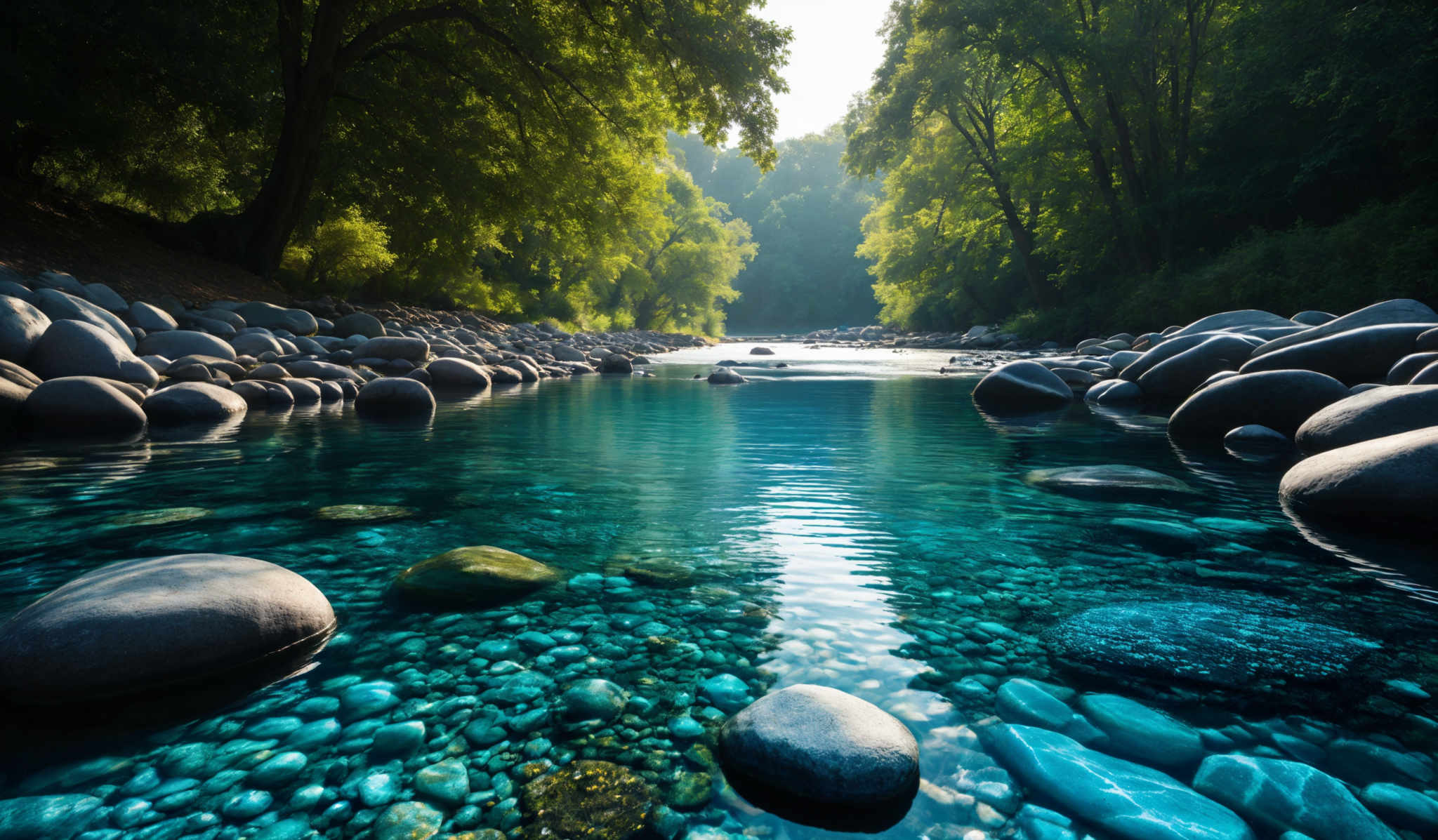 The image showcases a serene natural setting with a clear, blue river flowing amidst a forest. The riverbed is lined with smooth, rounded stones of various sizes, some of which are submerged, revealing their translucent blue hue. The water is so clear that you can see the pebbles beneath its surface. On either side of the river, there are trees with lush green foliage, casting dappled shadows on the water. The sunlight filtering through the trees creates a warm, golden glow, illuminating the scene and adding to its tranquility.