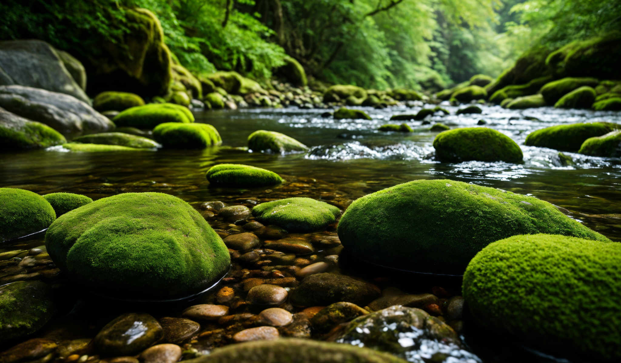 The image showcases a serene natural setting. The dominant colors are various shades of green, representing the lush vegetation and moss-covered rocks. The rocks, which are the primary focus, are mossy and rounded, with some larger boulders and many smaller pebbles scattered throughout the water. The water itself is clear, allowing us to see the pebble-bed beneath. The scene is further enhanced by the gentle flow of water, which can be seen cascading over some of the rocks.