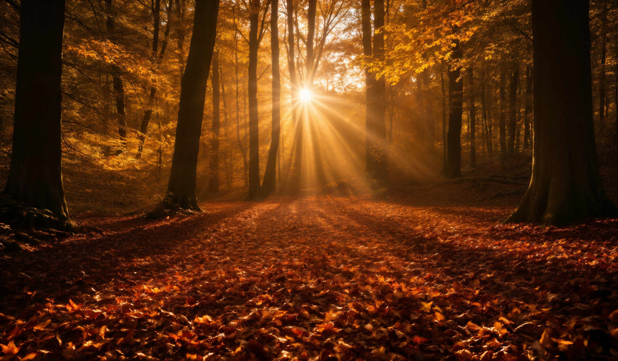 The image showcases a serene forest scene during autumn. The dominant colors are warm hues of orange, yellow, and brown, representing the fall foliage. The forest is dense with tall trees, their trunks dark and prominent. The ground is covered with fallen leaves, creating a carpet-like appearance. Sunlight filters through the trees, casting a golden glow and creating beautiful rays that pierce through the canopy. The overall ambiance is tranquil and evokes a sense of peace.