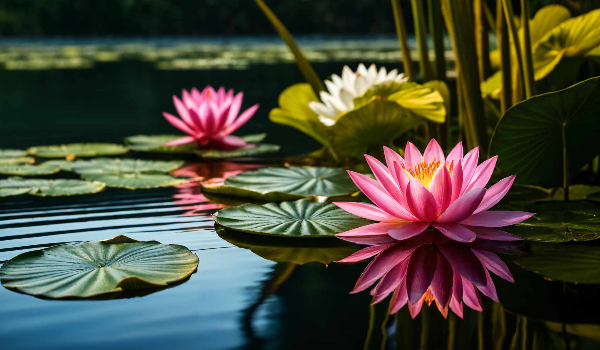 The image showcases a serene pond scene. Dominating the foreground are vibrant pink lotus flowers, each with multiple petals arranged in a radial pattern. These flowers are reflected beautifully on the calm water below. Surrounding the lotus are large, round green lily pads, some of which have a distinctive 'eye' pattern in the center. In the background, there are tall, slender reeds emerging from the water, and further back, a dense collection of trees can be seen, their reflections mirrored on the water's surface.