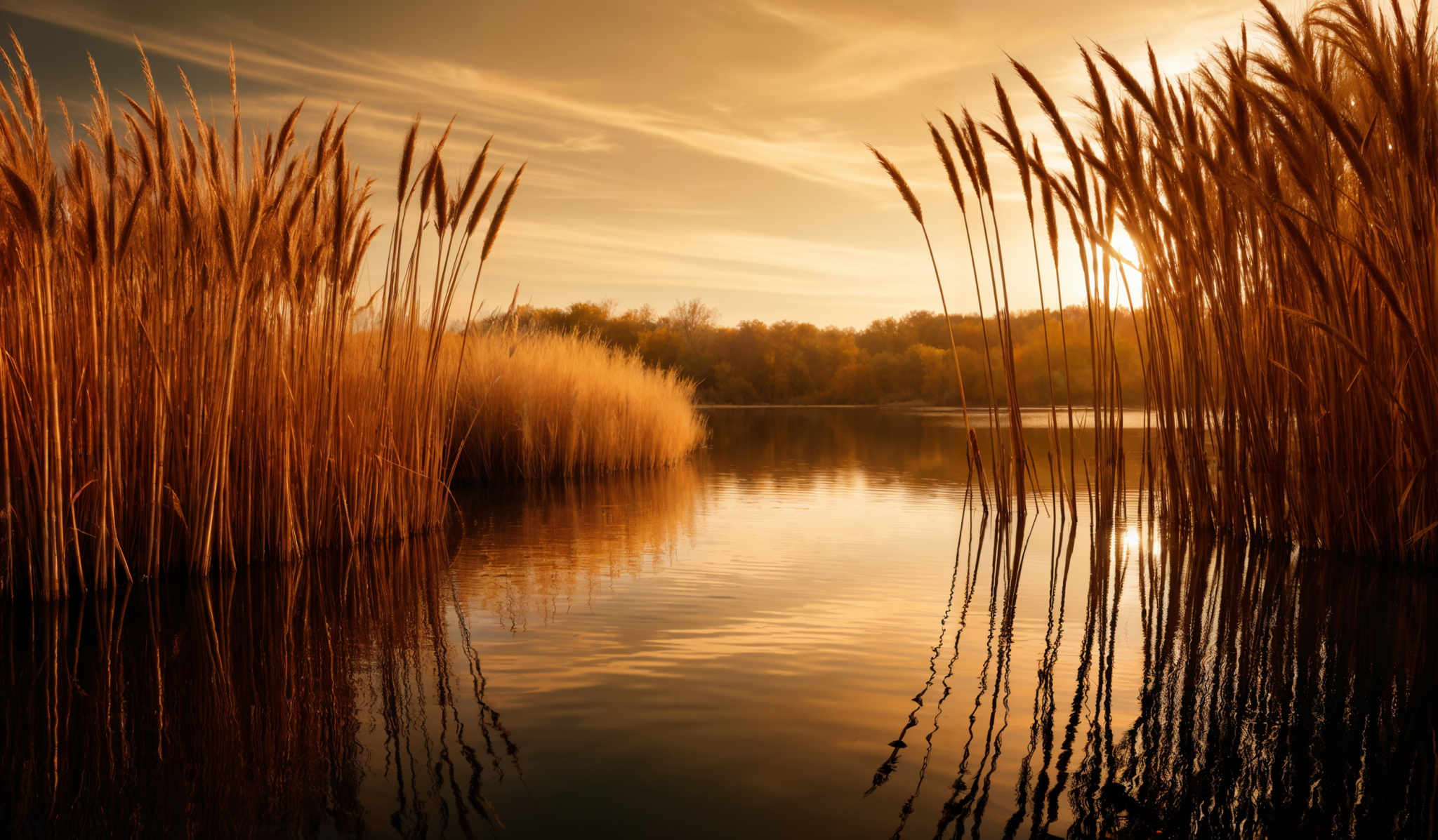 The image showcases a serene landscape during what appears to be sunset or sunrise. The dominant colors are warm hues of orange, gold, and brown, with the sky transitioning from a deep blue to a lighter shade. The tall grasses, possibly reeds, stand tall and are bathed in a golden light, creating a contrast with the darker water below. The reflection of the grasses and the sky can be seen in the calm waters, adding depth to the scene. In the background, there's a hint of trees and vegetation, suggesting the presence of a lake or a wetland.