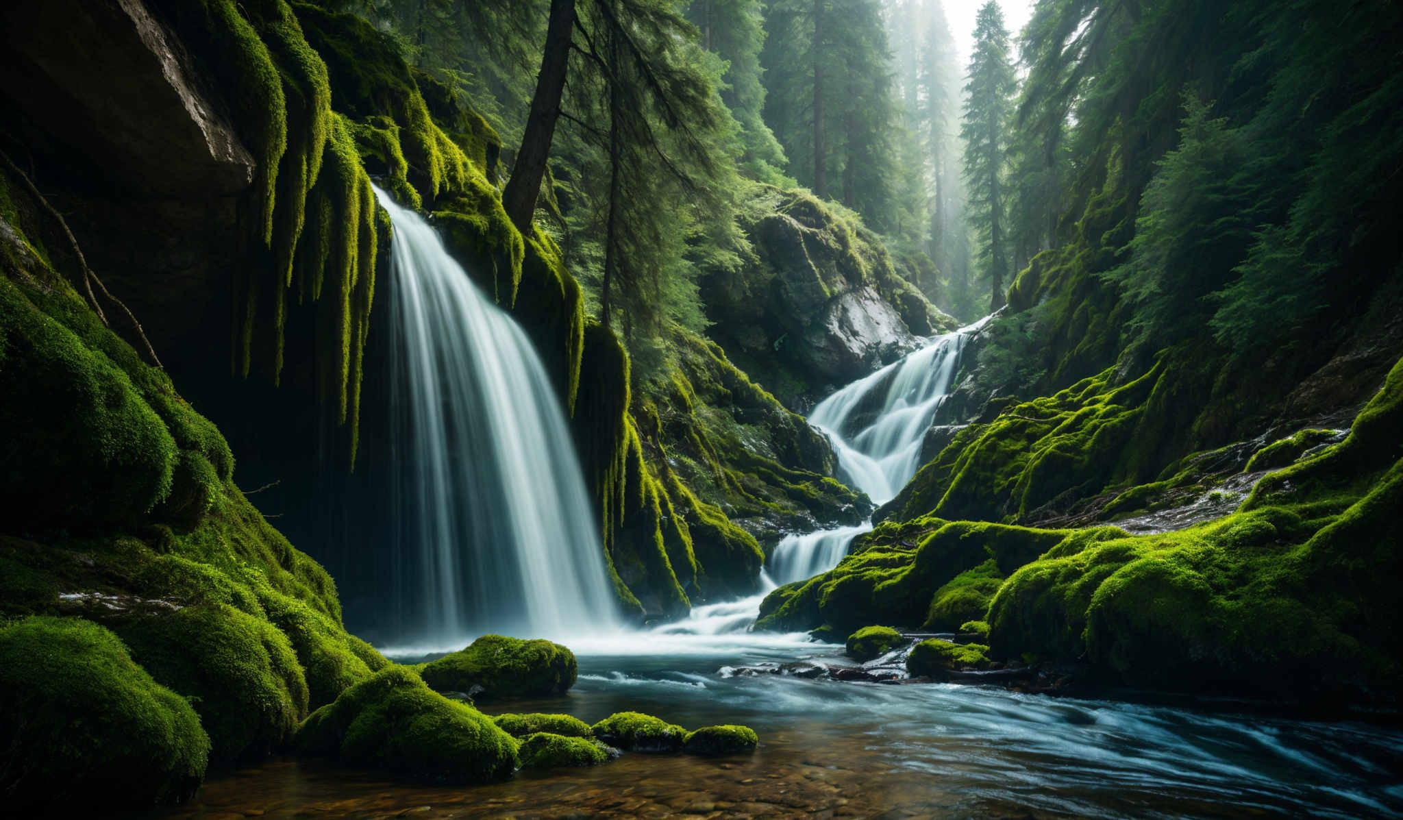 The image showcases a serene natural setting with vibrant green moss covering rocks and trees. A cascading waterfall flows down a rocky cliff, splitting into multiple streams as it descends. The water appears clear and smooth, indicating a long exposure shot. The surrounding area is dense with tall trees, creating a canopy that filters the light, giving the scene a mystical ambiance. The rocks are moss-covered, and there are a few scattered stones in the water below.