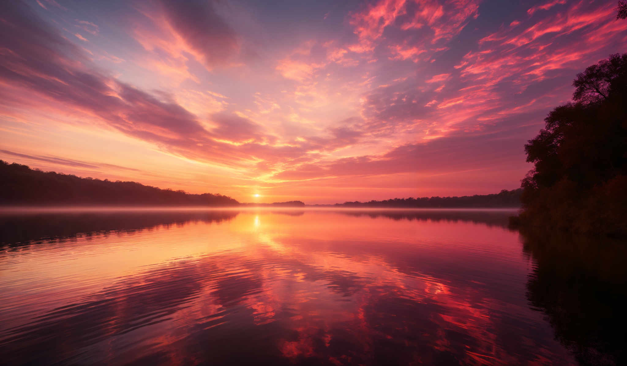 The image showcases a breathtaking sunset over a calm lake. The sky is painted with hues of pink, orange, and purple, with the sun nearing the horizon casting a golden glow. The clouds are scattered, with some appearing wispy and others more dense, reflecting the vibrant colors of the sunset. The lake mirrors the sky's colors, creating a symmetrical view. On the right side, there's a dense cluster of trees, silhouetted against the bright backdrop, adding depth to the scene.