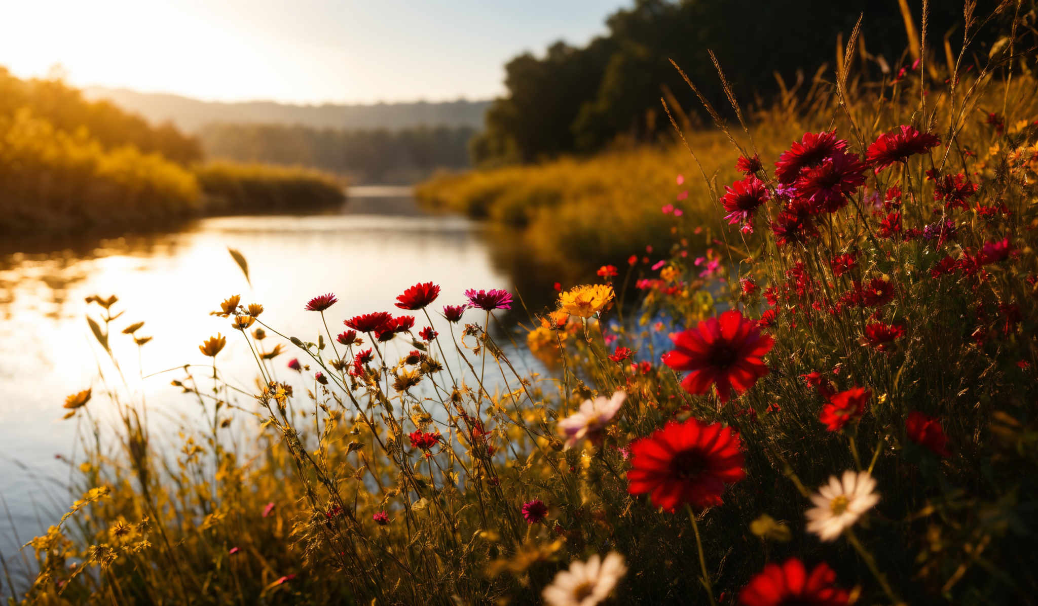 The image showcases a serene landscape during what appears to be the golden hour. The foreground is dominated by vibrant flowers, primarily red and yellow, with some white ones interspersed. These flowers are tall and slender, with petals that radiate outwards. The background features a calm river or lake, reflecting the golden hue of the sky. On the other side of the water, there's a dense forest with trees that are silhouetted against the bright sky. The sun casts a warm, golden light, illuminating the entire scene and creating a tranquil ambiance.