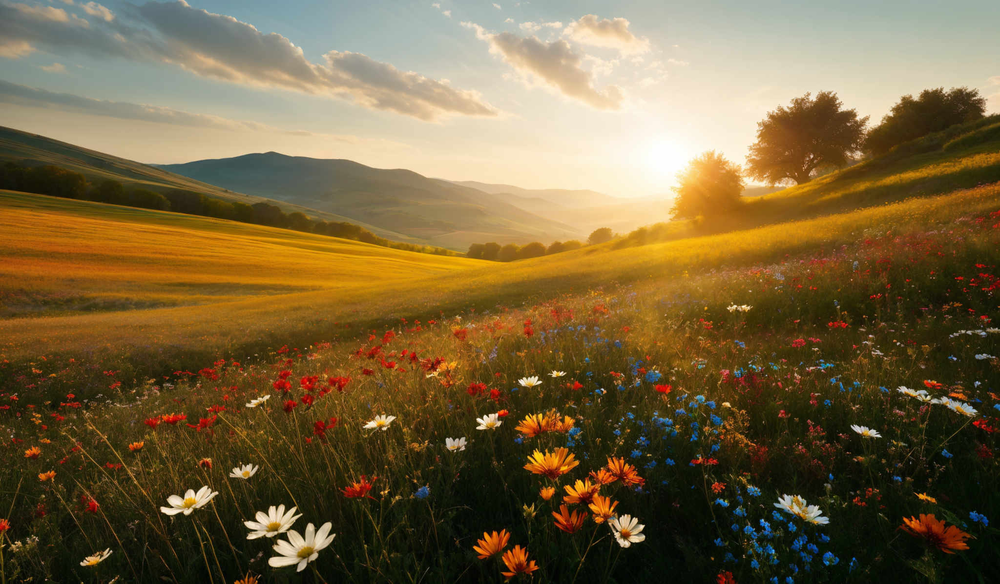 The image showcases a breathtaking landscape during what appears to be sunset. The sky is painted with hues of blue and orange, with fluffy white clouds scattered across. The sun casts a golden glow over the rolling hills, illuminating the fields with a warm, amber hue. The fields are dotted with vibrant wildflowers in various colors, including red, white, and blue. The hills are covered in green grass, and there are a few trees scattered around, silhouetted against the setting sun. The overall scene exudes a sense of tranquility and natural beauty.