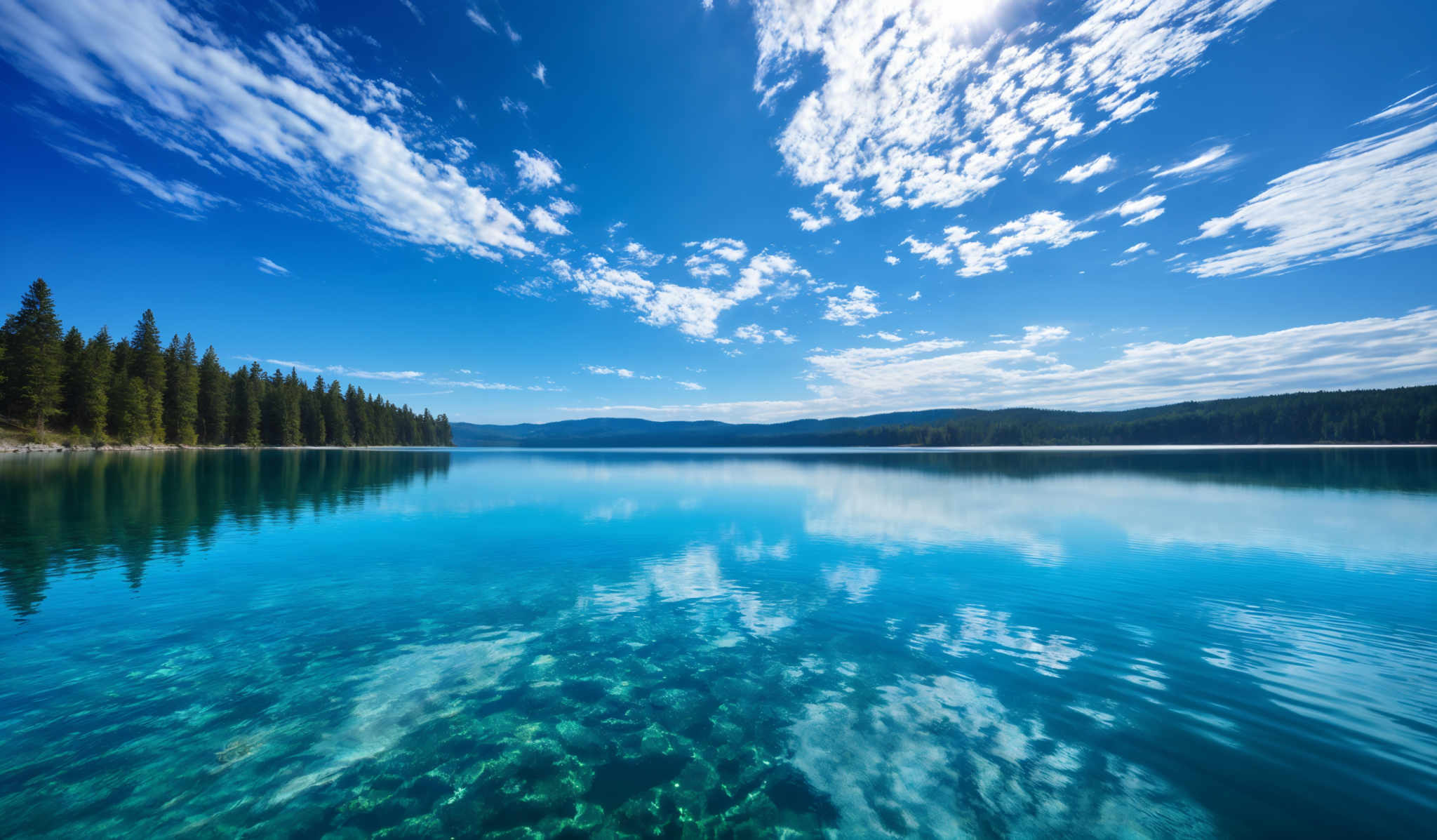 The image showcases a pristine natural landscape. The sky is a vibrant blue with scattered white clouds. The water below is a clear turquoise, reflecting the sky and the surrounding trees. On the left side, there's a dense forest of evergreen trees, and on the right, there are more trees and a hint of a mountain range in the distance. The clarity of the water allows one to see the underwater rocks and patterns.