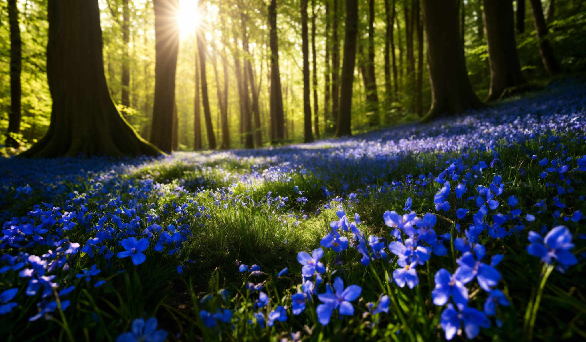 The image showcases a serene forest scene during what appears to be early morning or late afternoon, given the angle of the sunlight. The sun's rays pierce through the tall trees, casting a warm golden hue over the landscape. The ground is carpeted with vibrant blue flowers, possibly bluebells, which contrast beautifully with the lush green foliage. The trees have a tall and slender shape, with their trunks prominently visible. The overall ambiance of the image is tranquil and evokes a sense of peace and connection with nature.