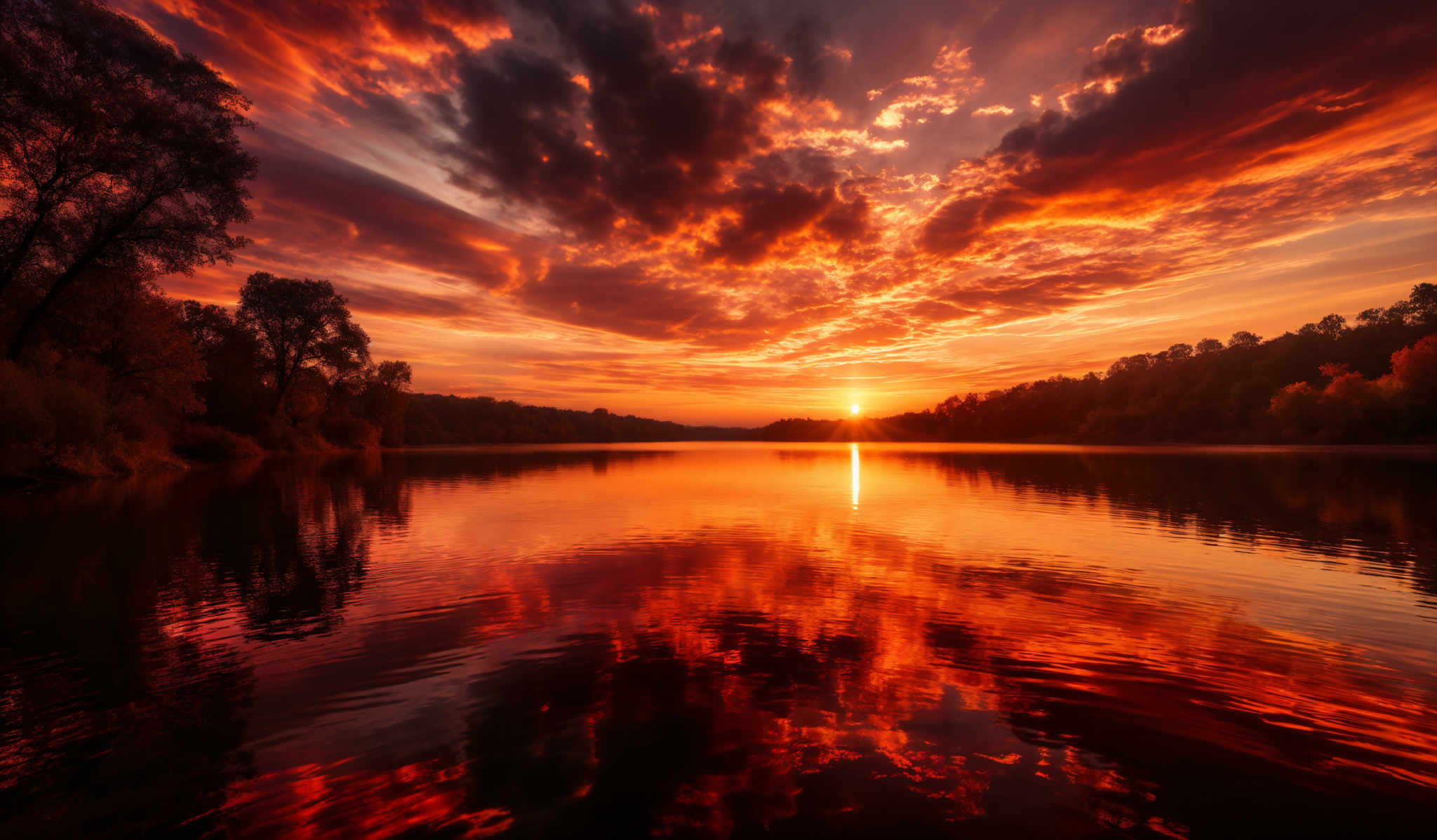 The image showcases a breathtaking sunset over a calm lake. The sky is painted with hues of fiery orange, deep red, and hints of purple, with dramatic cloud formations reflecting the fiery colors. The sun is positioned near the horizon, casting a golden glow over the water. On the left side, there are silhouettes of tall trees, their branches reaching out, and their reflection can be seen in the water below. The lake's surface is almost mirror-like, capturing the vibrant colors of the sky and the silhouette of the trees.