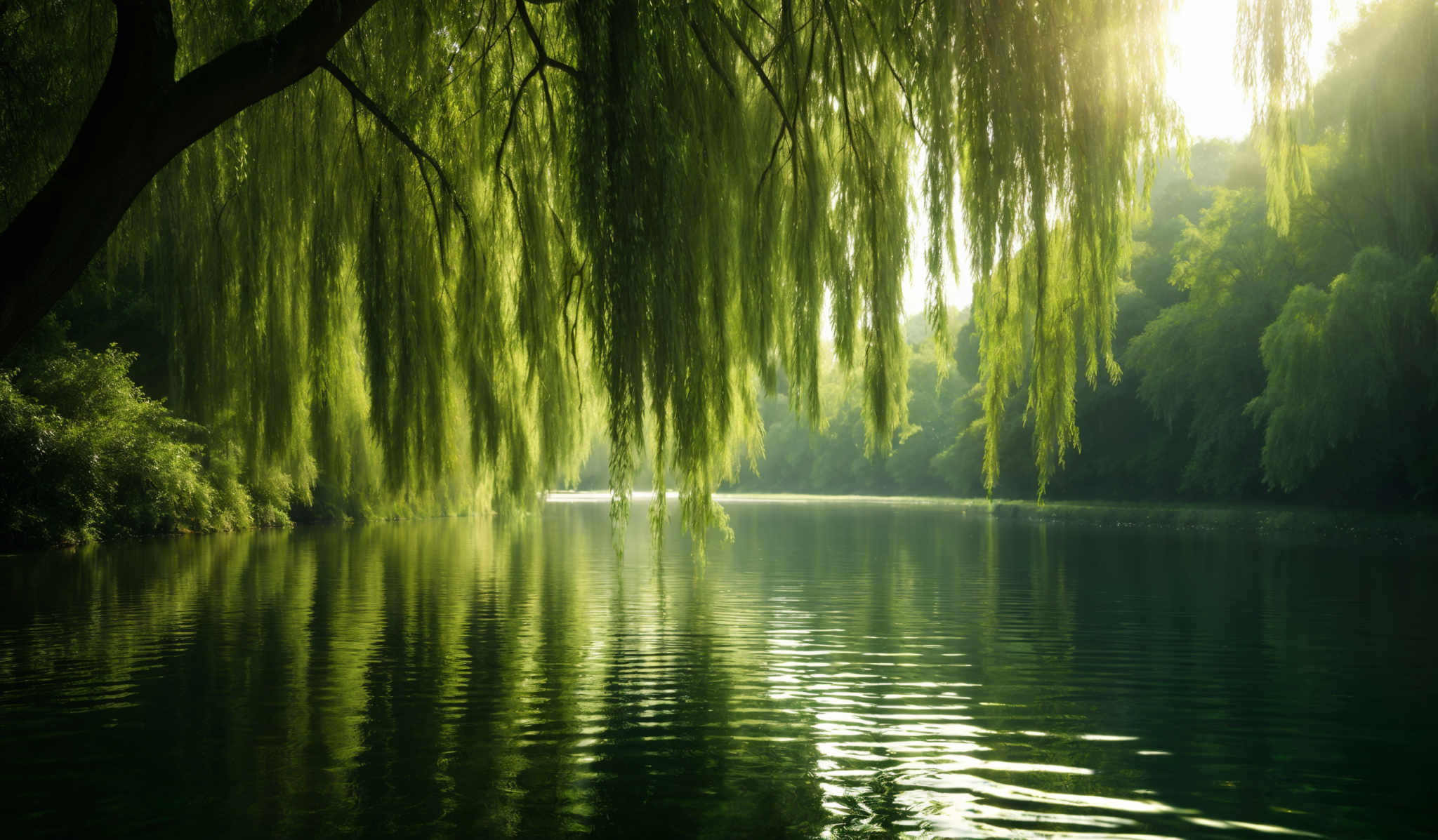 The image showcases a serene landscape with a calm body of water reflecting the surrounding greenery. Dominating the foreground is a weeping willow tree with its long, draping branches cascading over the water. The water itself is a deep green, mirroring the dense foliage of the trees in the background. The sunlight filters through the canopy, casting a soft glow and creating a peaceful ambiance.