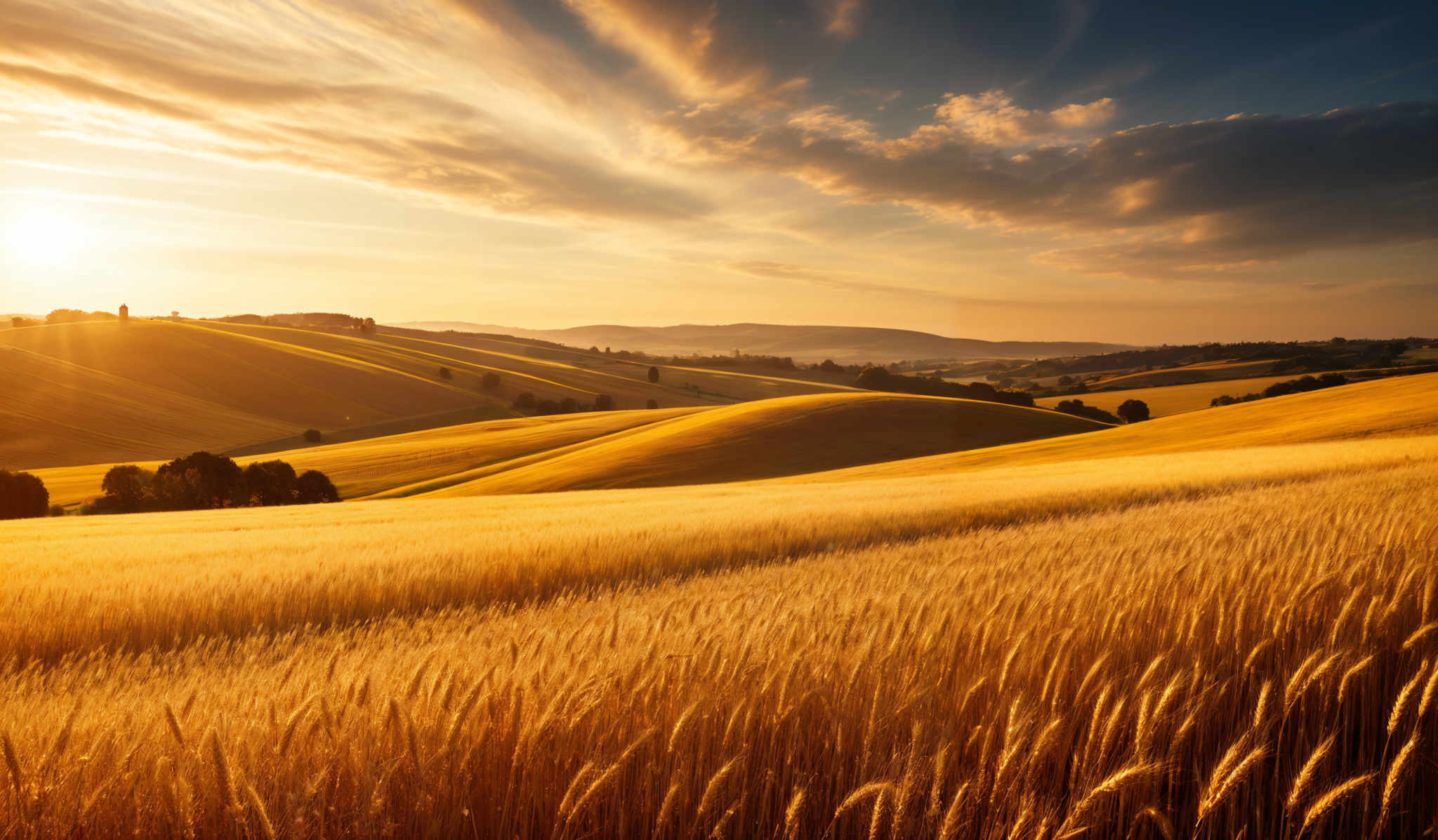 The image showcases a vast landscape dominated by rolling hills covered in golden wheat fields. The sun is setting, casting a warm, golden hue over the entire scene. The sky is painted with shades of orange, gold, and blue, with dramatic clouds adding depth and texture. The undulating hills create a rhythmic pattern, and the distant mountains provide a serene backdrop.