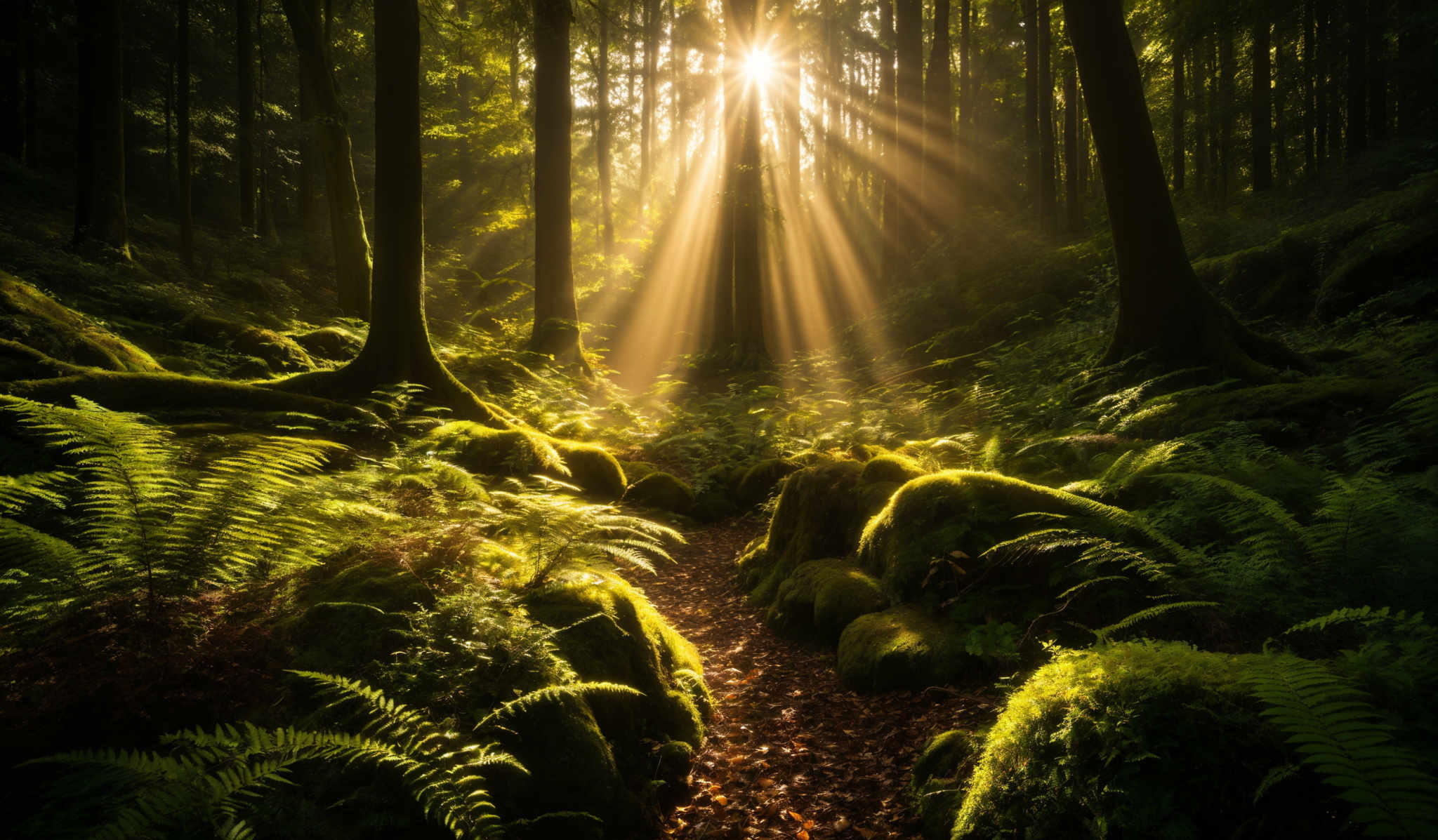 The image showcases a lush forest with tall, slender trees. The sun's rays pierce through the canopy, casting a golden hue over the scene. The forest floor is covered with moss-covered rocks and ferns, which are vibrant green. The overall color palette is dominated by shades of green, brown, and gold, creating a serene and mystical atmosphere.