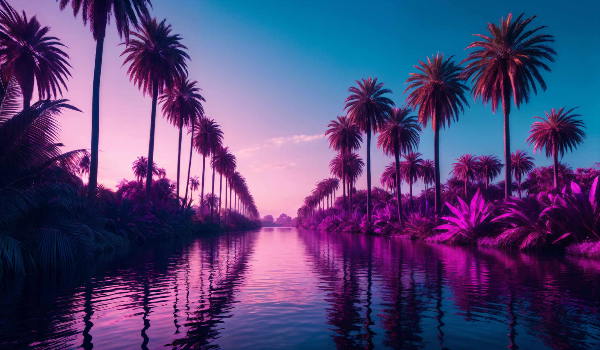 The image showcases a breathtaking view of a waterway surrounded by tall palm trees. The trees are tall and slender, with their trunks standing straight and their fronds swaying gently. The water reflects the colors of the sky and the trees, creating a mirror-like effect. The sky is painted in hues of pink, purple, and blue, suggesting either a sunrise or sunset. The overall ambiance of the image is serene and dreamy.