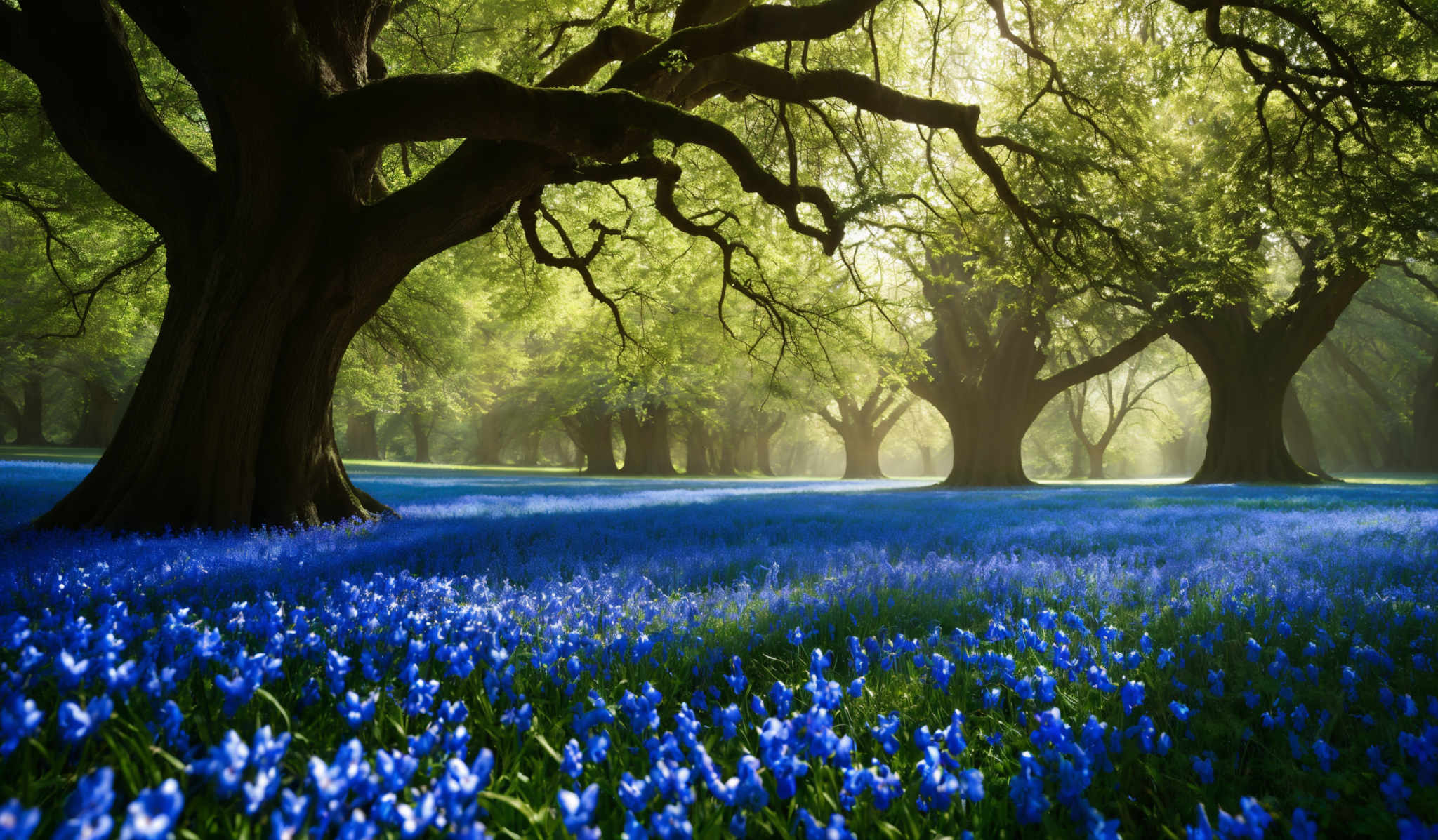 The image showcases a breathtaking landscape dominated by a large, ancient tree with sprawling branches. The tree's trunk is thick and sturdy, and its leaves are a vibrant shade of green. The ground is carpeted with a vivid blue, possibly a field of flowers, which contrasts beautifully with the greenery. Sunlight filters through the tree' s branches, casting a soft glow on the scene. In the background, more trees can be seen, and the entire setting exudes a serene and magical ambiance.