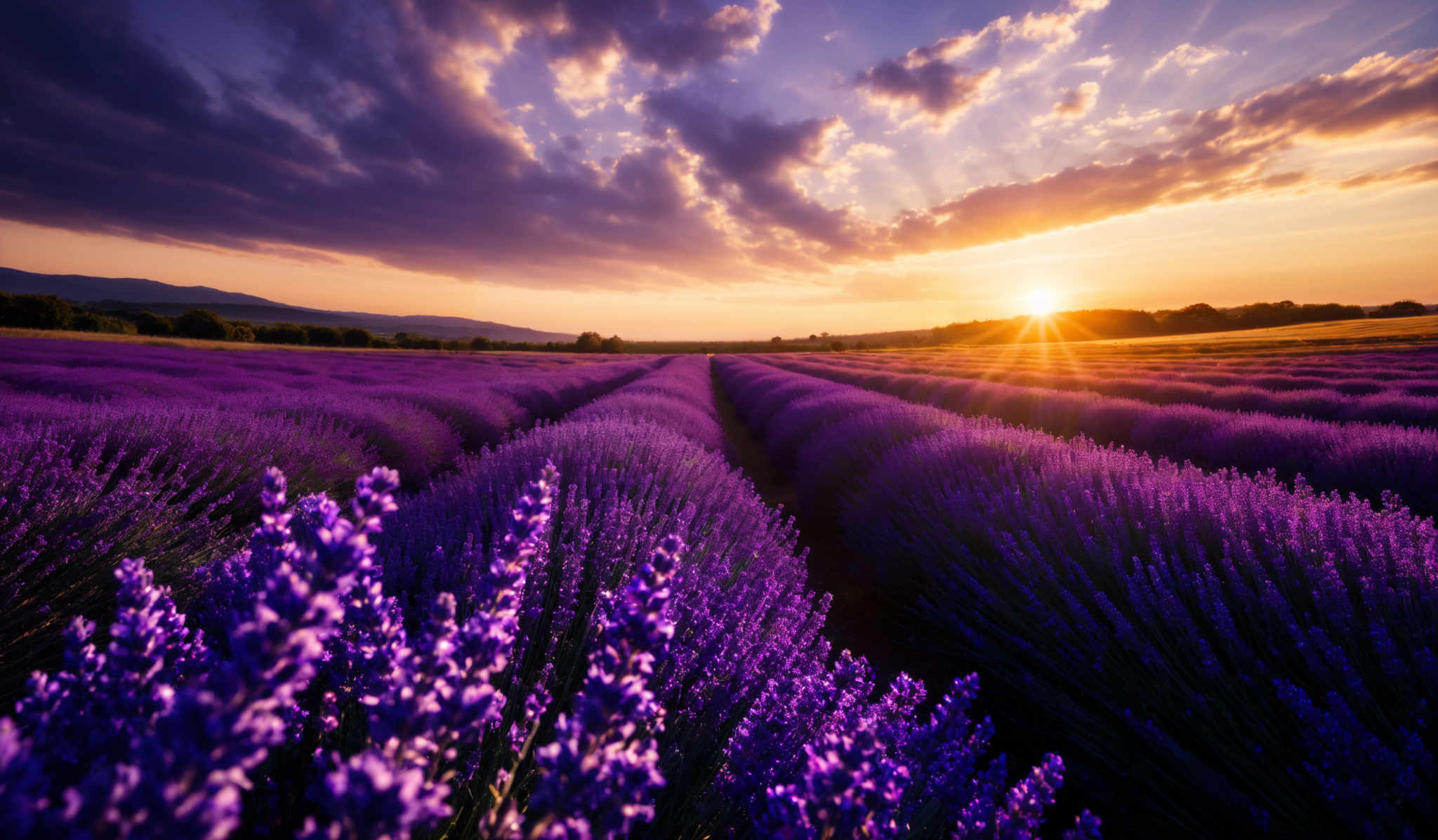 The image showcases a breathtaking landscape during sunset. The sky is painted with hues of purple, pink, and gold, with dramatic clouds casting shadows on the horizon. The sun is setting, casting a golden glow over the scene. Below, a vast field of lavender stretches out in neat rows, with its vibrant purple blossoms contrasting beautifully against the earthy tones of the soil. The lavender fields seem to converge towards a distant horizon, where more trees and possibly a body of water can be glimpsed.