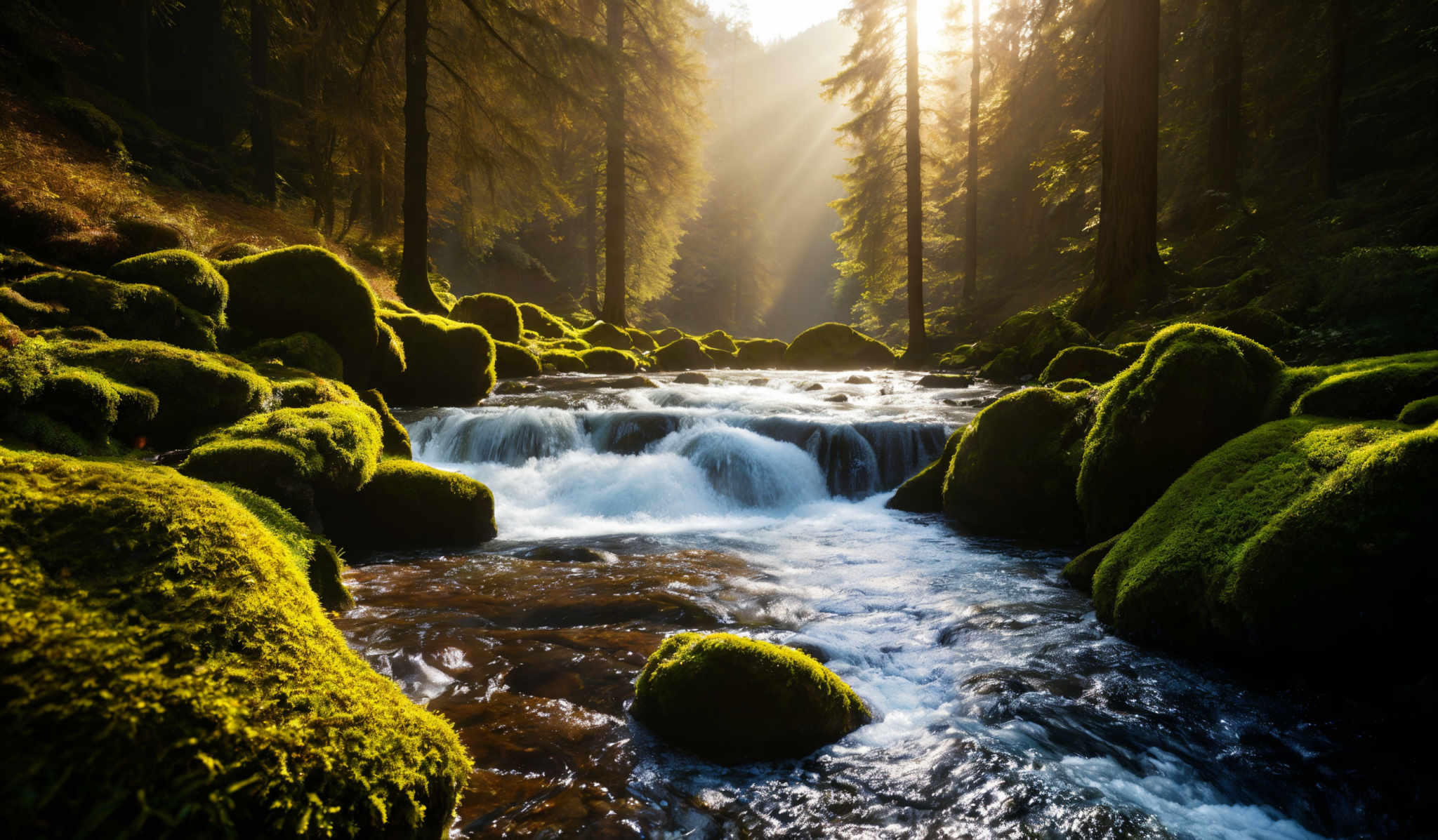 The image showcases a serene forest scene with tall, slender trees that are bathed in sunlight filtering through the canopy. The forest floor is covered in vibrant green moss-covered rocks and boulders. A gentle stream flows through the scene, with water cascading over some of the rocks, creating small waterfalls. The sunlight creates a beautiful play of light and shadow, highlighting the texture of the trees and the shimmering water.